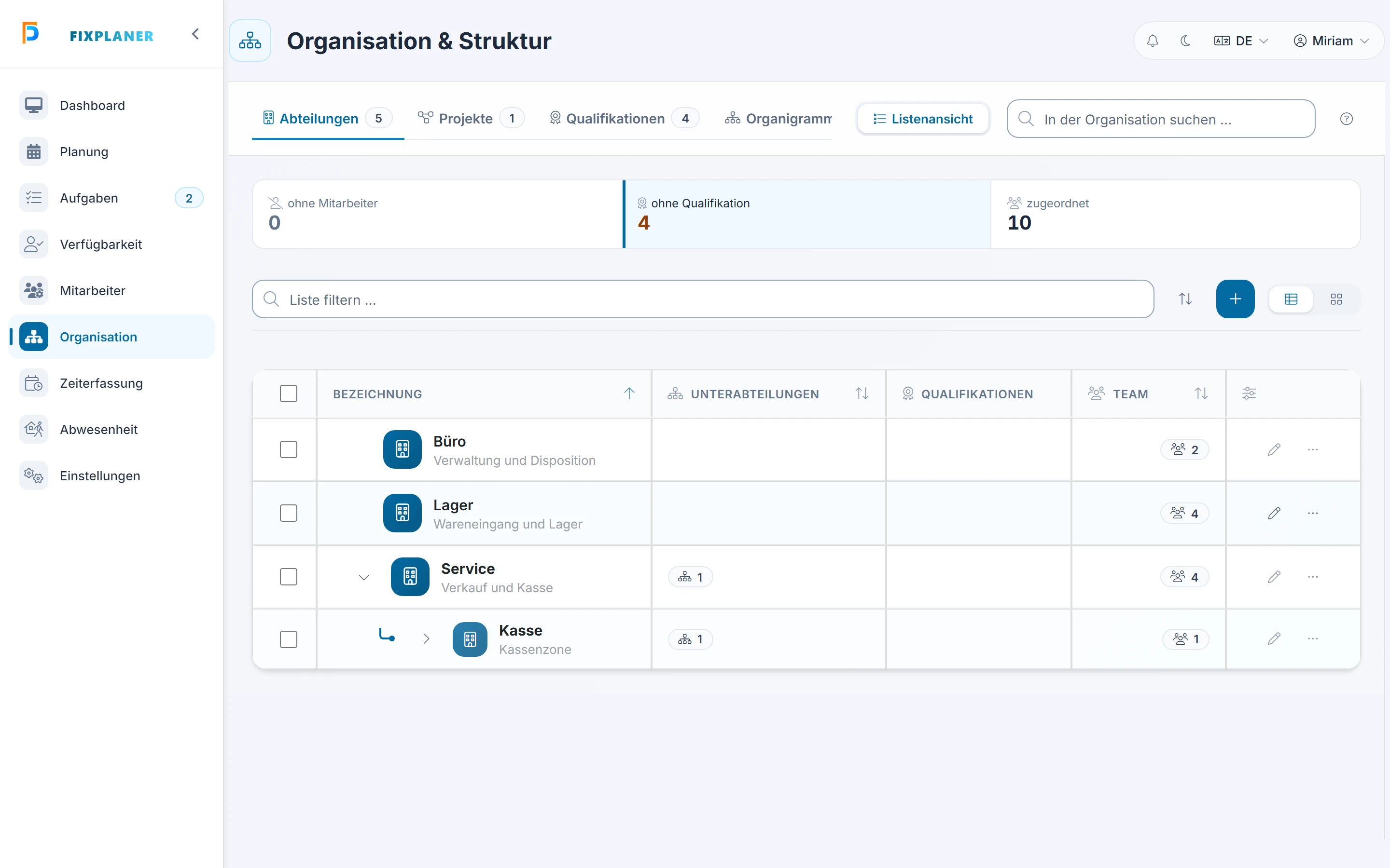 Screenshot: Bildschirm Organisation. Markiert: (A) Reiter: „Abteilungen“ und „Projekte“ erscheinen je nach „Organisationsstruktur“ in den Einstellungen, „Qualifikationen“ und „Organigramm“ immer., (1) Neu anlegen: Das Plus legt im offenen Reiter einen Eintrag an, zum Beispiel „Neue Abteilung“ oder „Neue Qualifikation“., (2) Mehr: ⋮ „Mehr“ in der Zeile führt zu Details, Mitarbeiter zuweisen und Löschen.