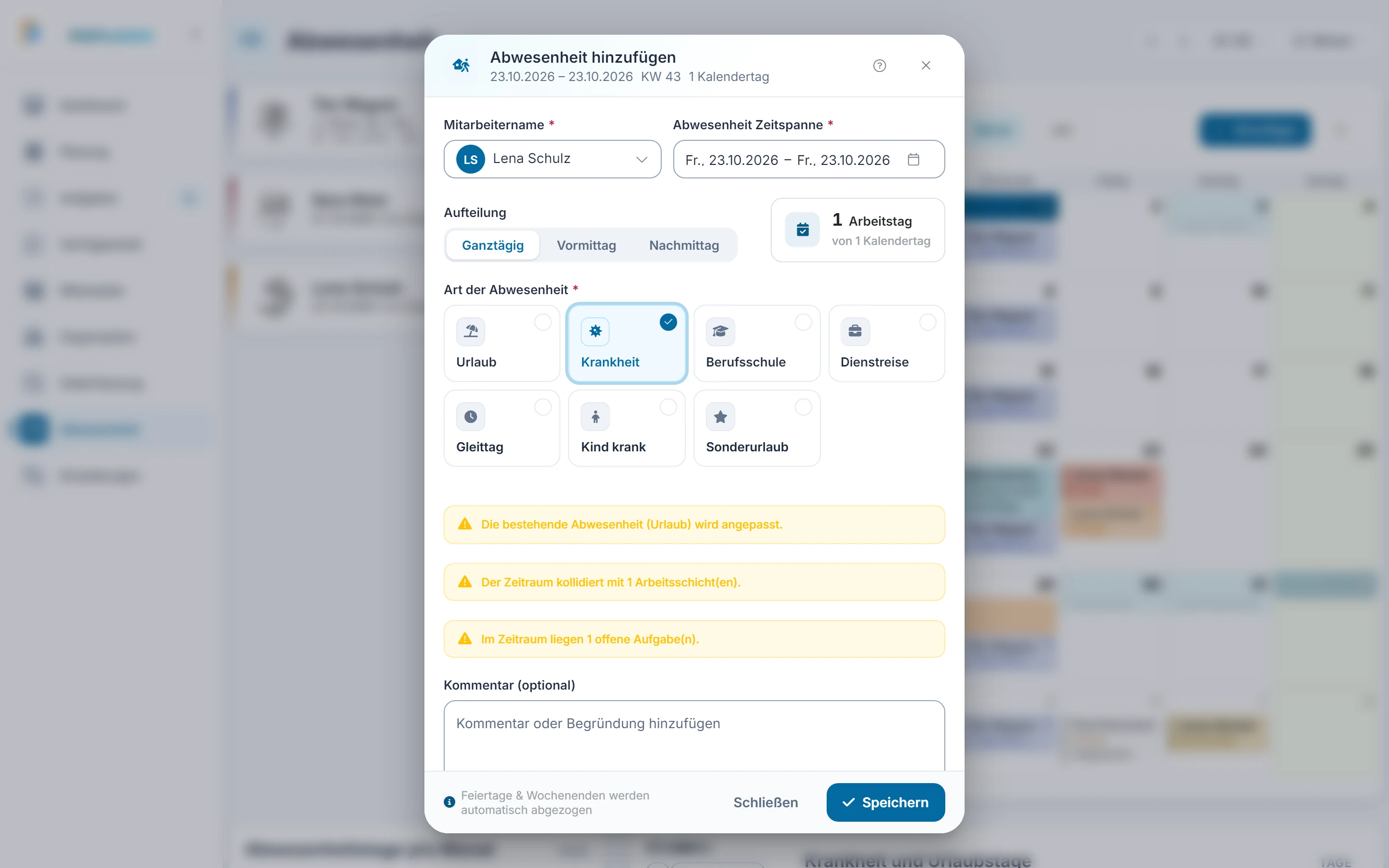 Screenshot: Krankheit eintragen. Markiert: (1) Krankheit: Wähle „Krankheit“, bei einem kranken Kind „Kind krank“., (A) Bestehende Abwesenheit wird angepasst: Liegt im Zeitraum schon Urlaub, meldet die App, dass die bestehende Abwesenheit angepasst wird., (2) Speichern: Eine Krankmeldung wird nie direkt genehmigt, sie steht danach als Antrag in der Liste der offenen Anträge.