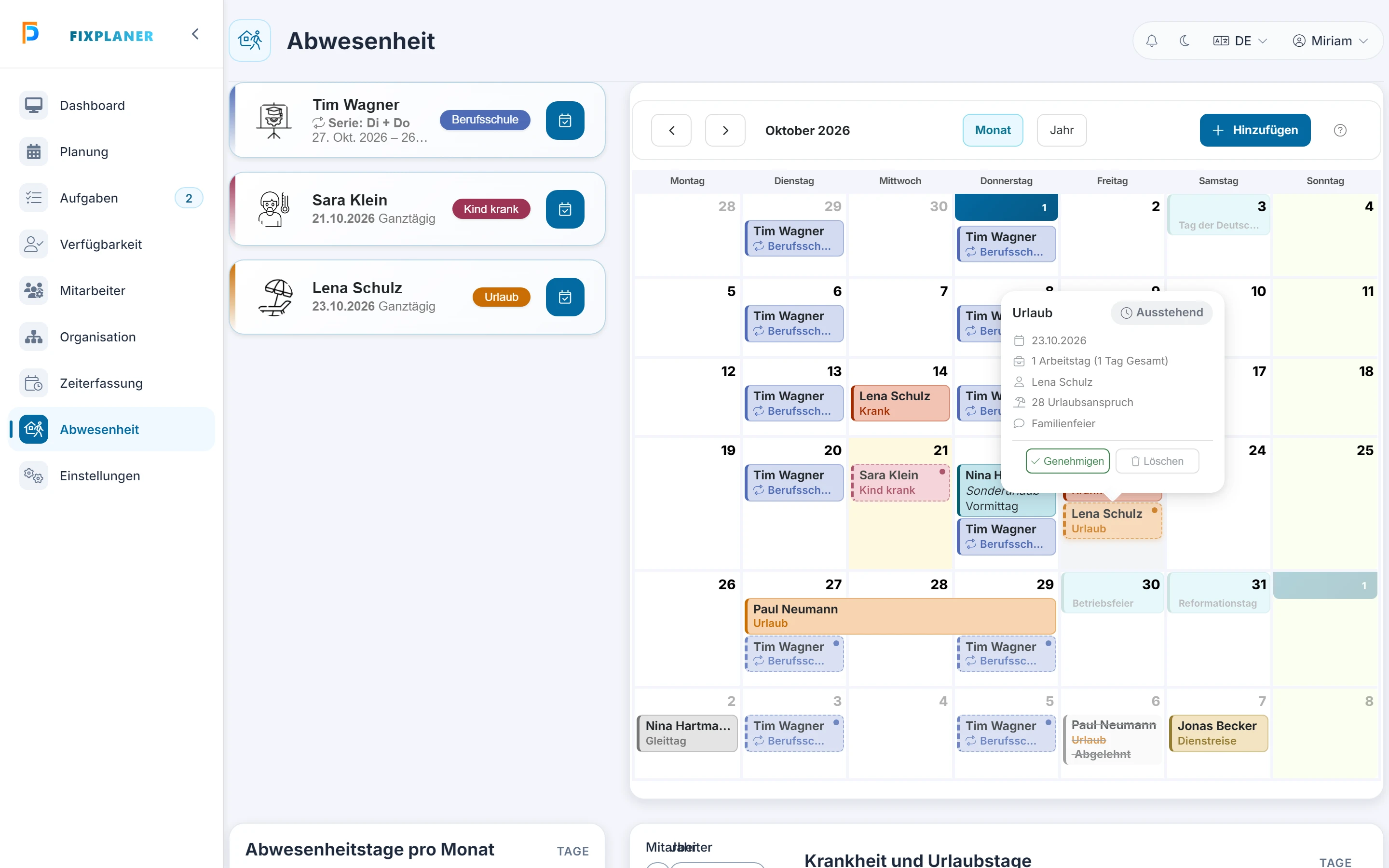 Screenshot: Eintrag im Kalender. Markiert: (1) Genehmigen oder Löschen: Ein Klick auf einen Eintrag zeigt Zeitraum und Status, dazu „Genehmigen“ und „Löschen“, soweit du sie nutzen darfst., (2) Monat / Jahr: „Monat“ und „Jahr“ wechseln die Ansicht, die Pfeile blättern einen Zeitraum weiter.