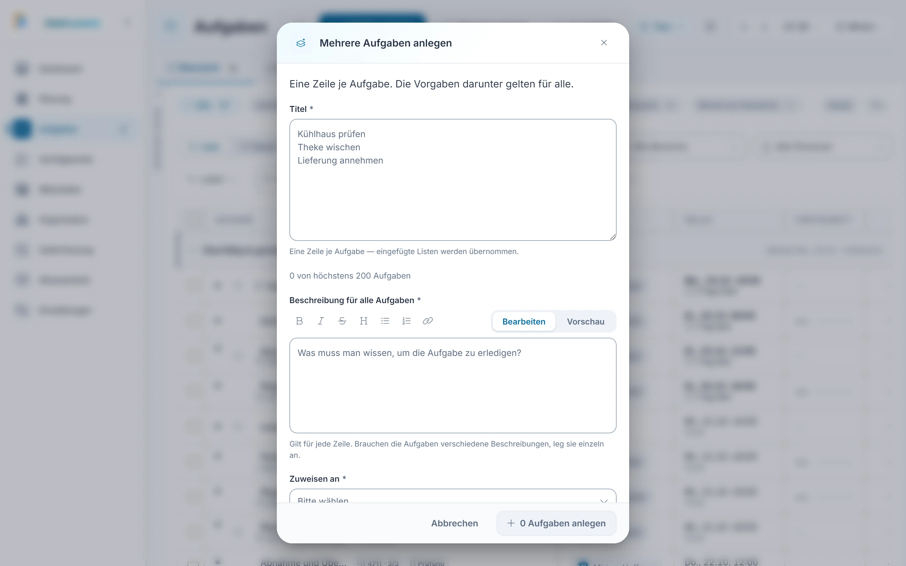 Screenshot Mehrere anlegen: Schritt 1: Dialog öffnen. Markiert: (A) Titel, eine Zeile je Aufgabe: Jede Zeile im Feld wird zu einer eigenen Aufgabe.