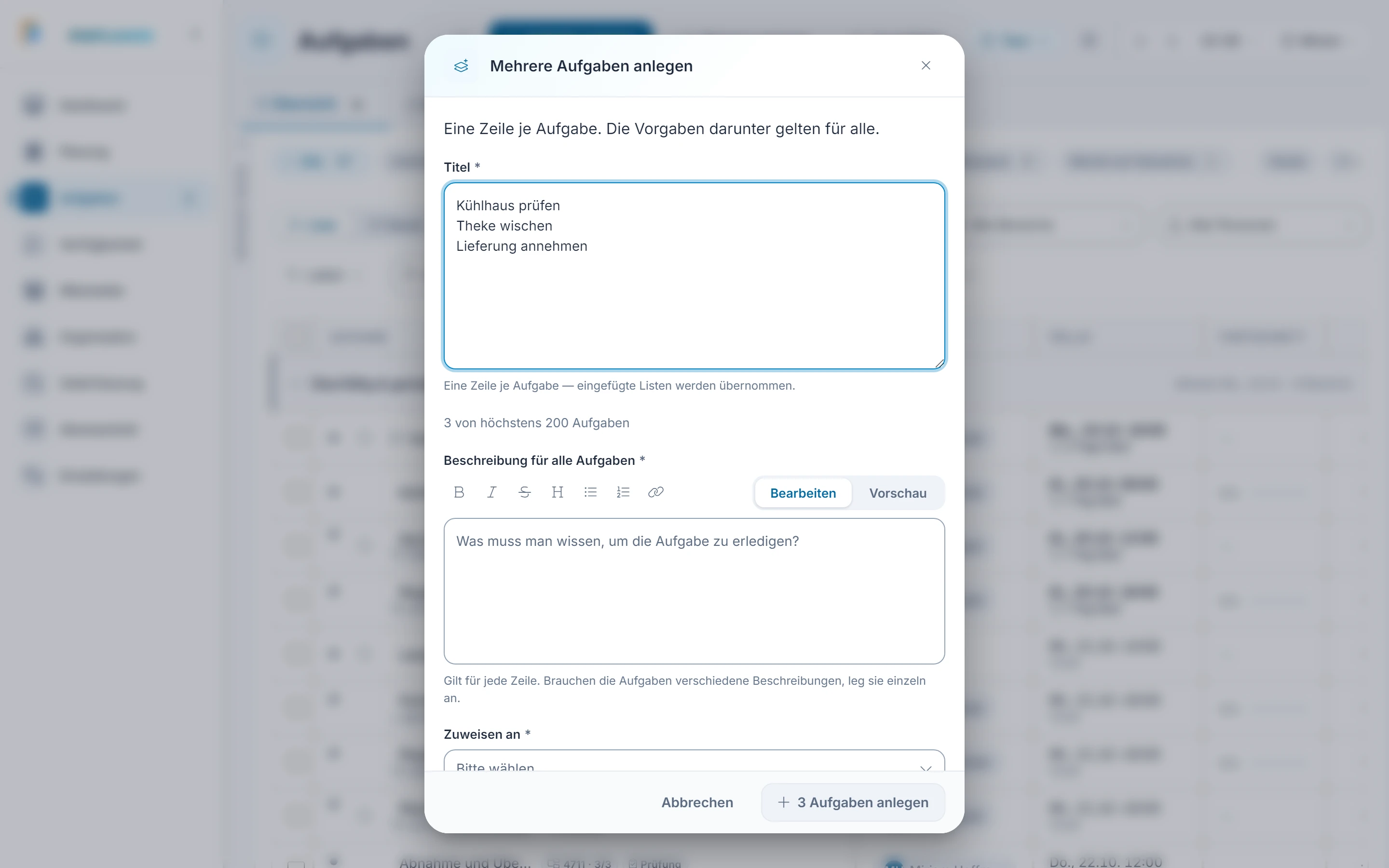 Screenshot Mehrere anlegen: Schritt 2: Zeilen eintragen. Markiert: (A) Drei Zeilen: Jede der drei Zeilen steht für eine Aufgabe., (1) 3 Aufgaben anlegen: Der Knopf legt alle Zeilen als Aufgaben an und nennt ihre Zahl.