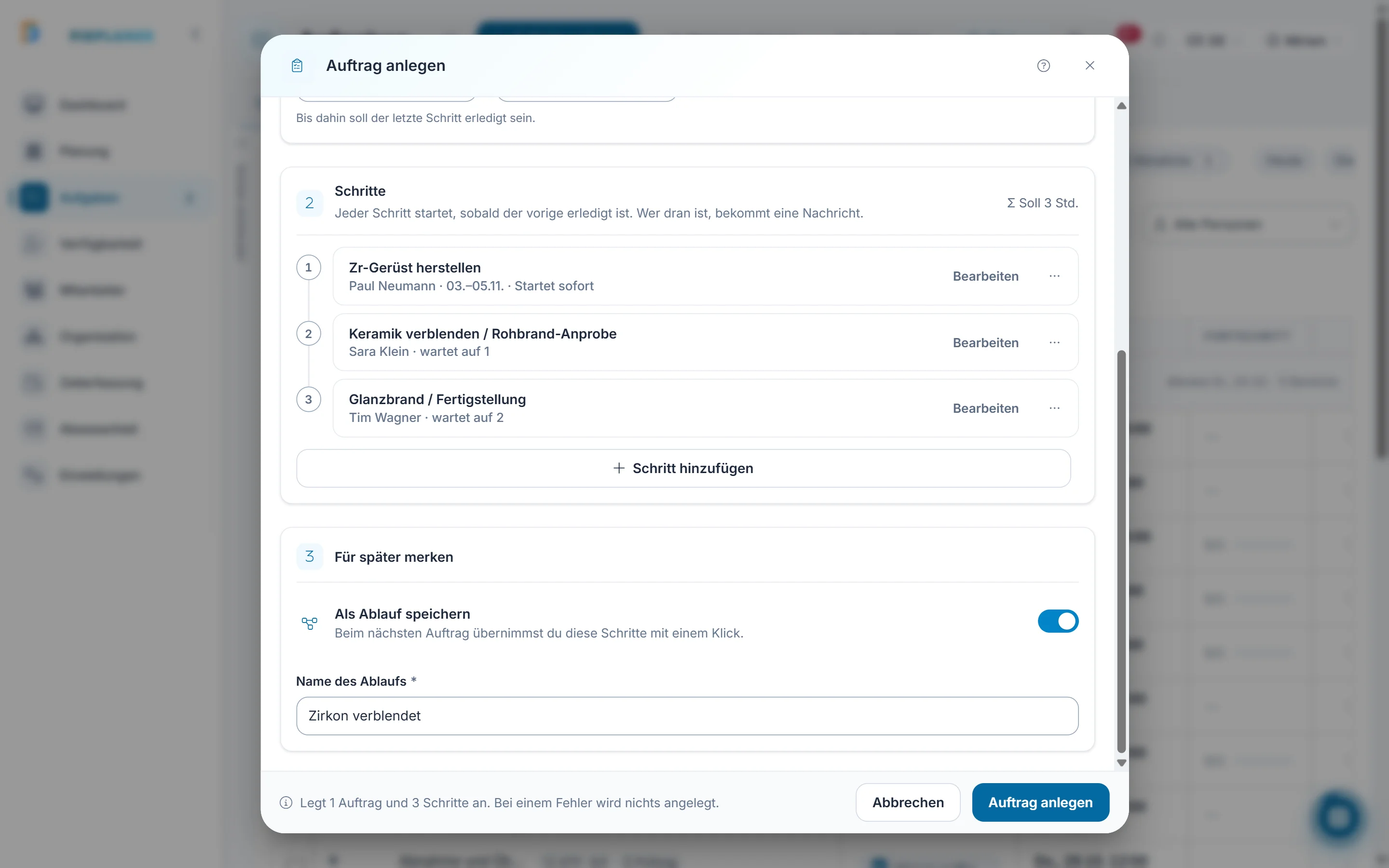 Screenshot Aufträge aus Abläufen: Schritt 1: Ablauf beim Anlegen speichern. Markiert: (A) Schritte: Jeder Schritt bekommt einen neutralen Namen, eine Person und bei Bedarf Soll-Minuten und eine Checkliste., (1) Als Ablauf speichern: Der Schalter speichert die Schritte zusätzlich als Ablauf, der Auftrag wird ganz normal angelegt., (B) Name des Ablaufs: Unter diesem Namen wählst du den Ablauf beim nächsten Auftrag aus.