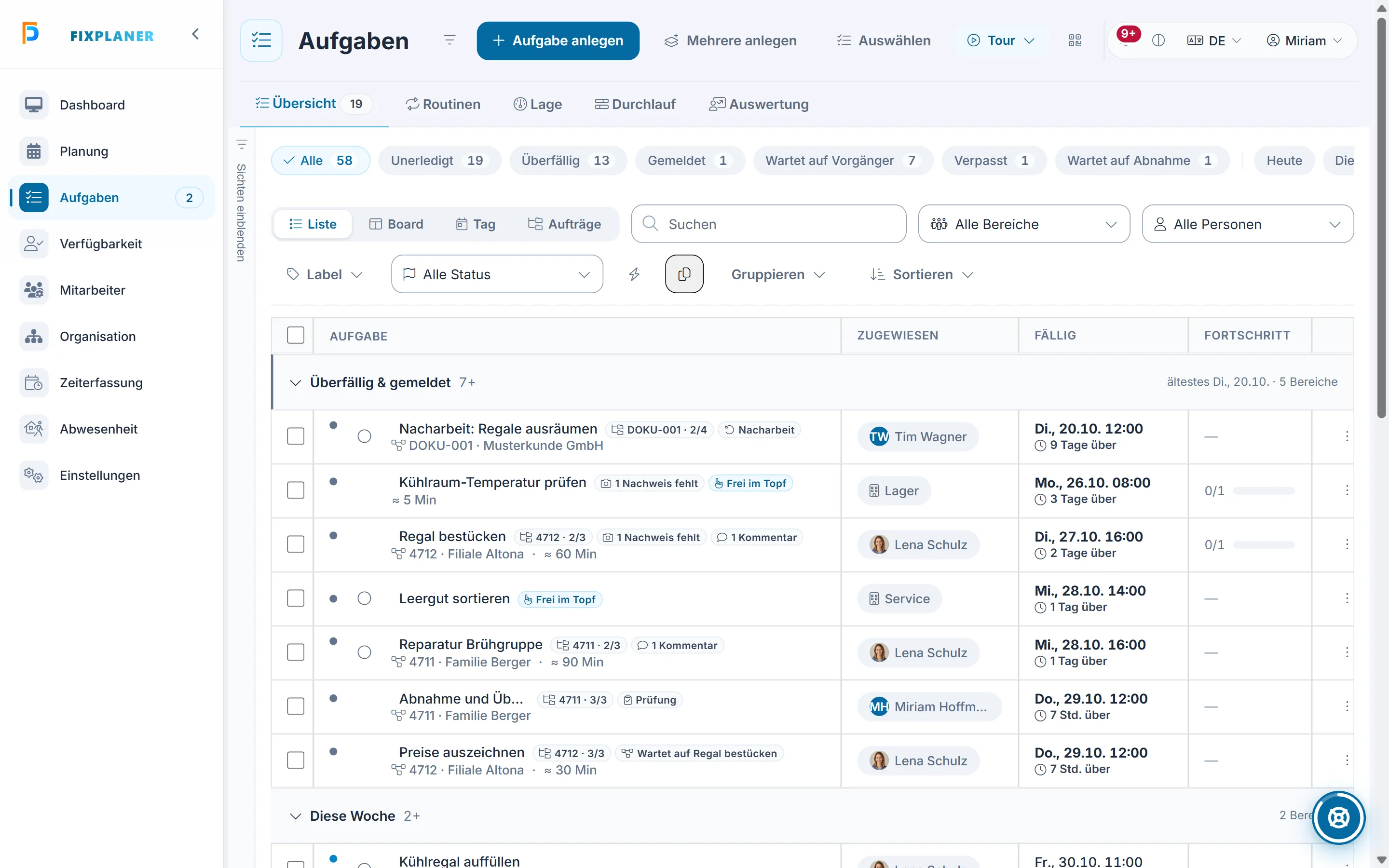 Screenshot Aufträge aus Abläufen: Schritt 2: Dialog zum Anlegen öffnen. Markiert: (1) Aufgabe anlegen: Der Knopf öffnet den Dialog, in dem du Aufgaben und Aufträge anlegst.