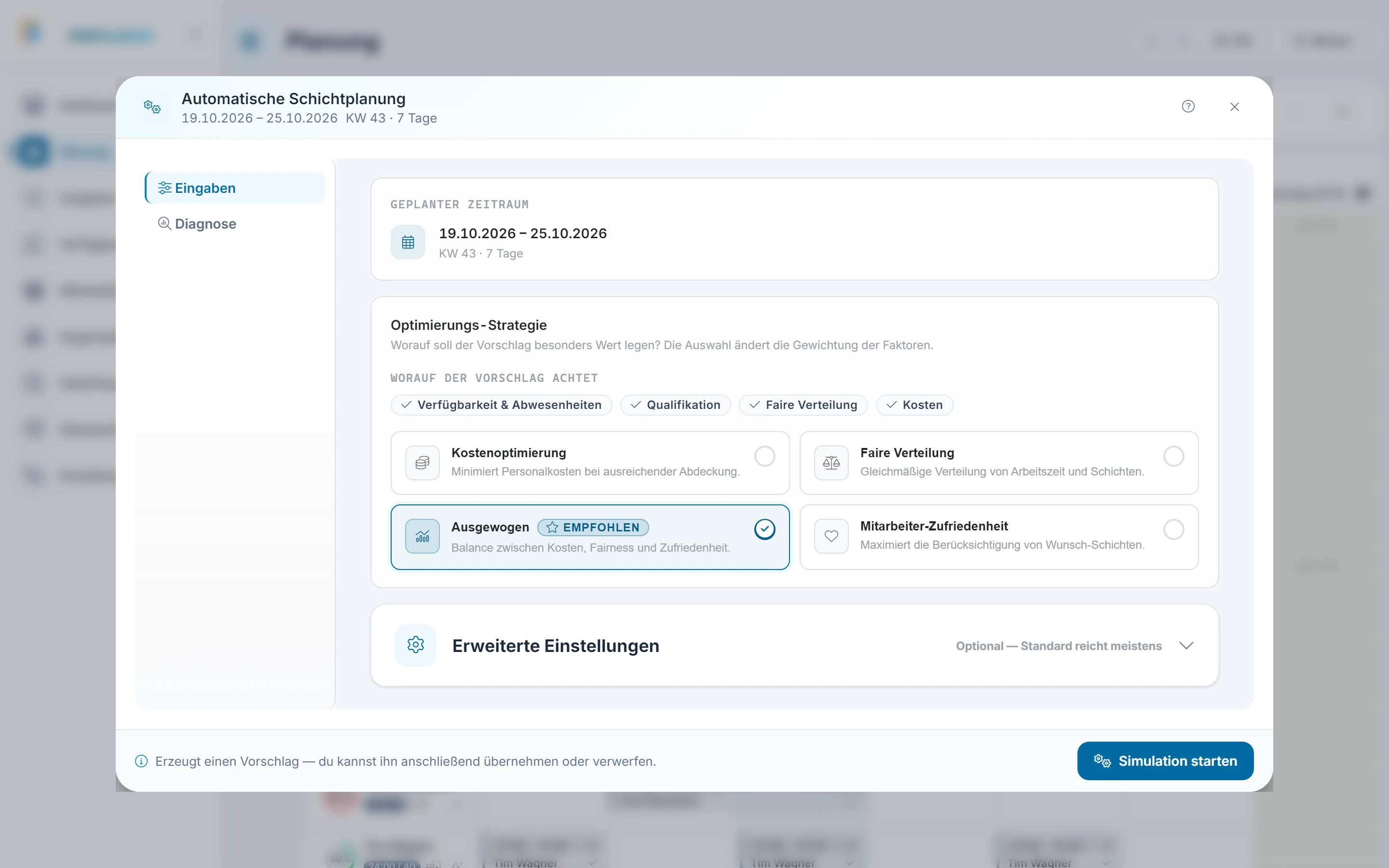 Screenshot Auto-Vorschlag: Schritt 2: Strategie wählen. Markiert: (A) Strategie: Vier Profile und einige Schalter steuern, wie der Vorschlag plant.
