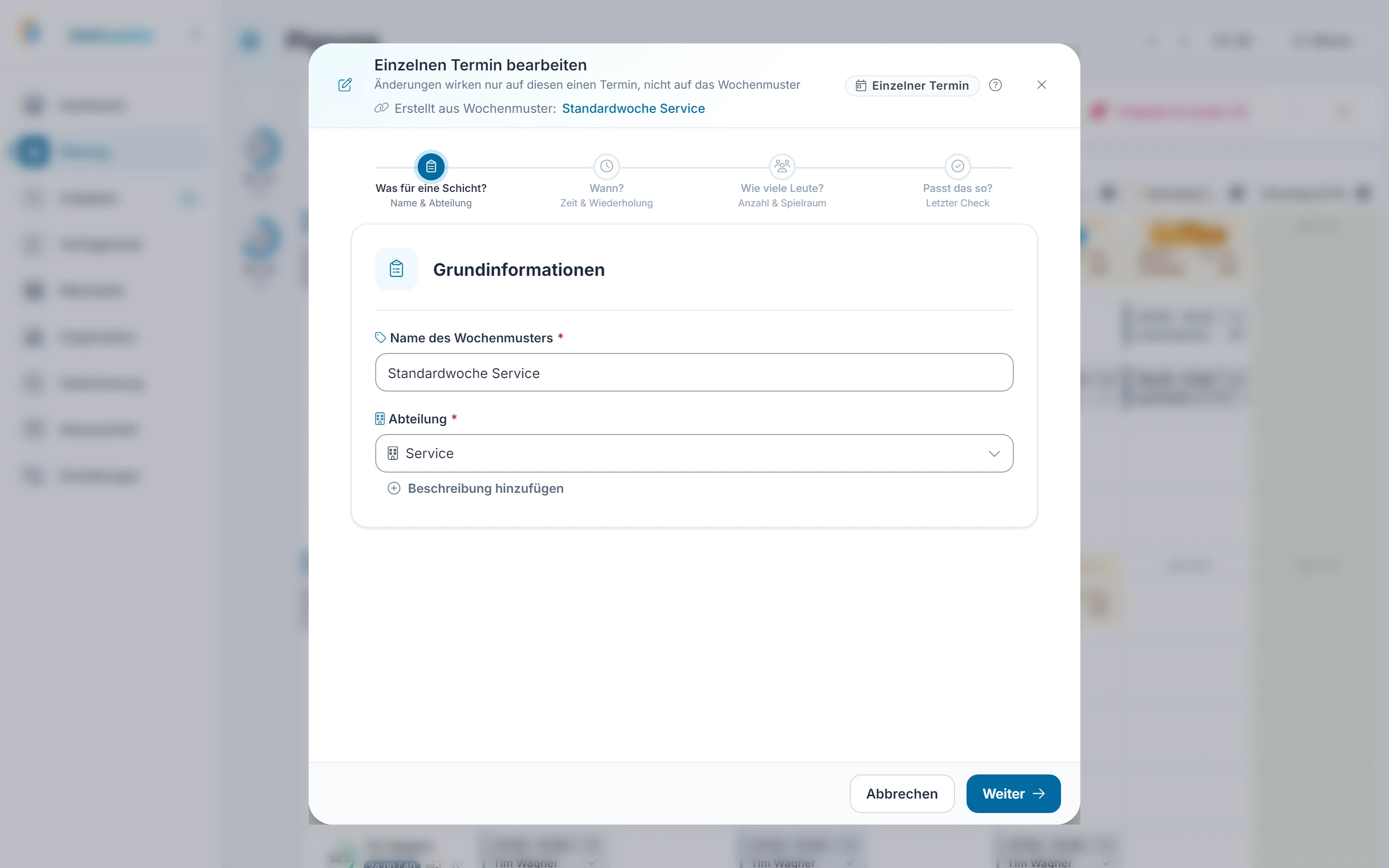Screenshot Besetzungs-Wizard: Schritt 2: Einzelner Termin. Markiert: (A) Einzelner Termin: Der Kopf zeigt, dass du nur diesen Termin änderst.