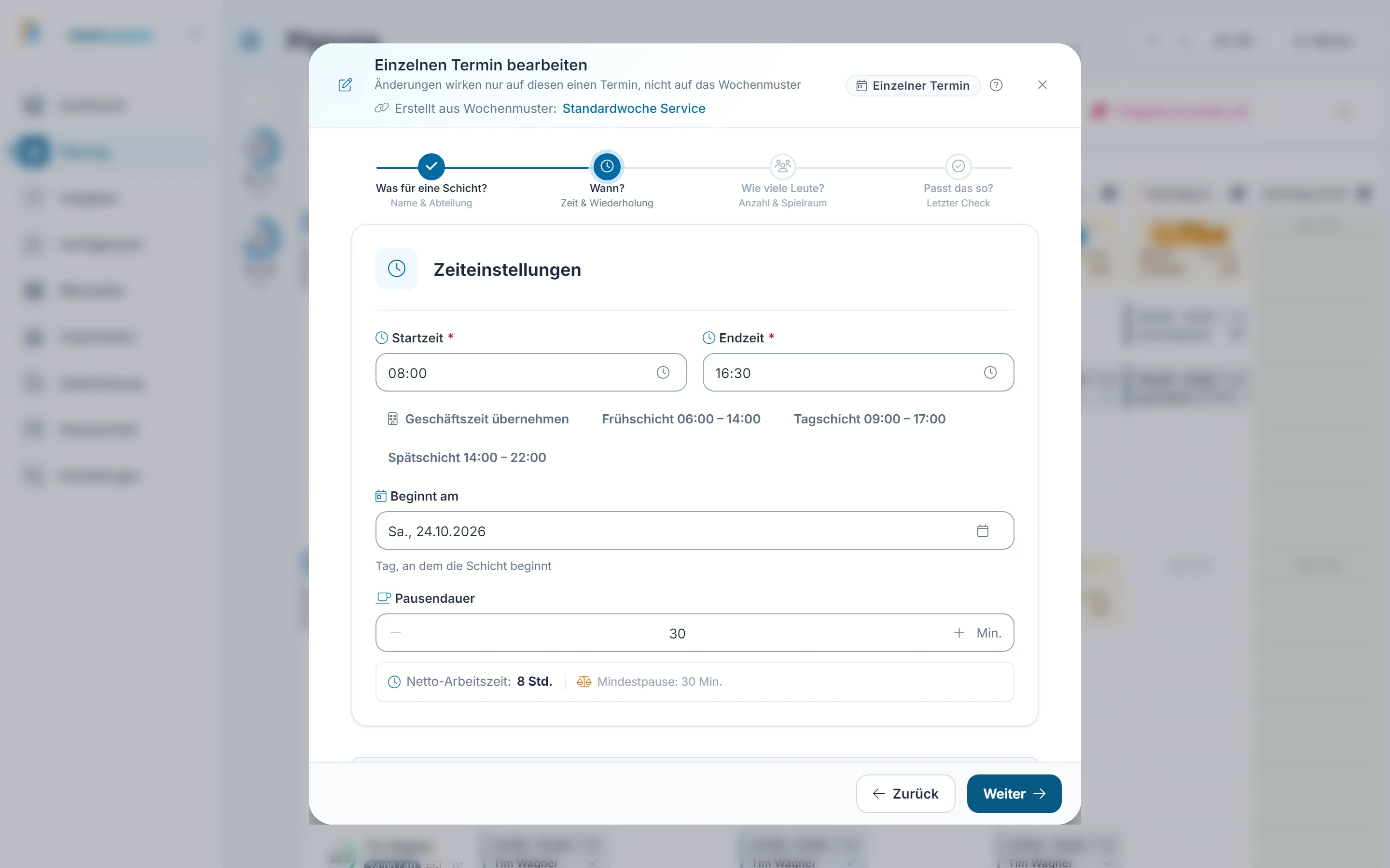 Screenshot Besetzungs-Wizard: Schritt 3: Zeit ändern. Markiert: (1) Zeit: Beginn und Ende des Termins.