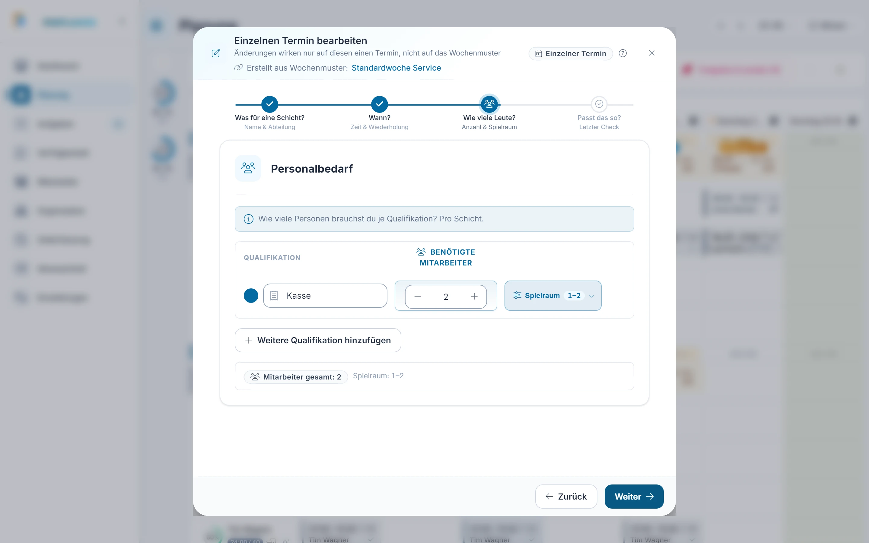 Screenshot Besetzungs-Wizard: Schritt 4: Besetzung ändern. Markiert: (1) Anzahl: Die Plätze des Termins.