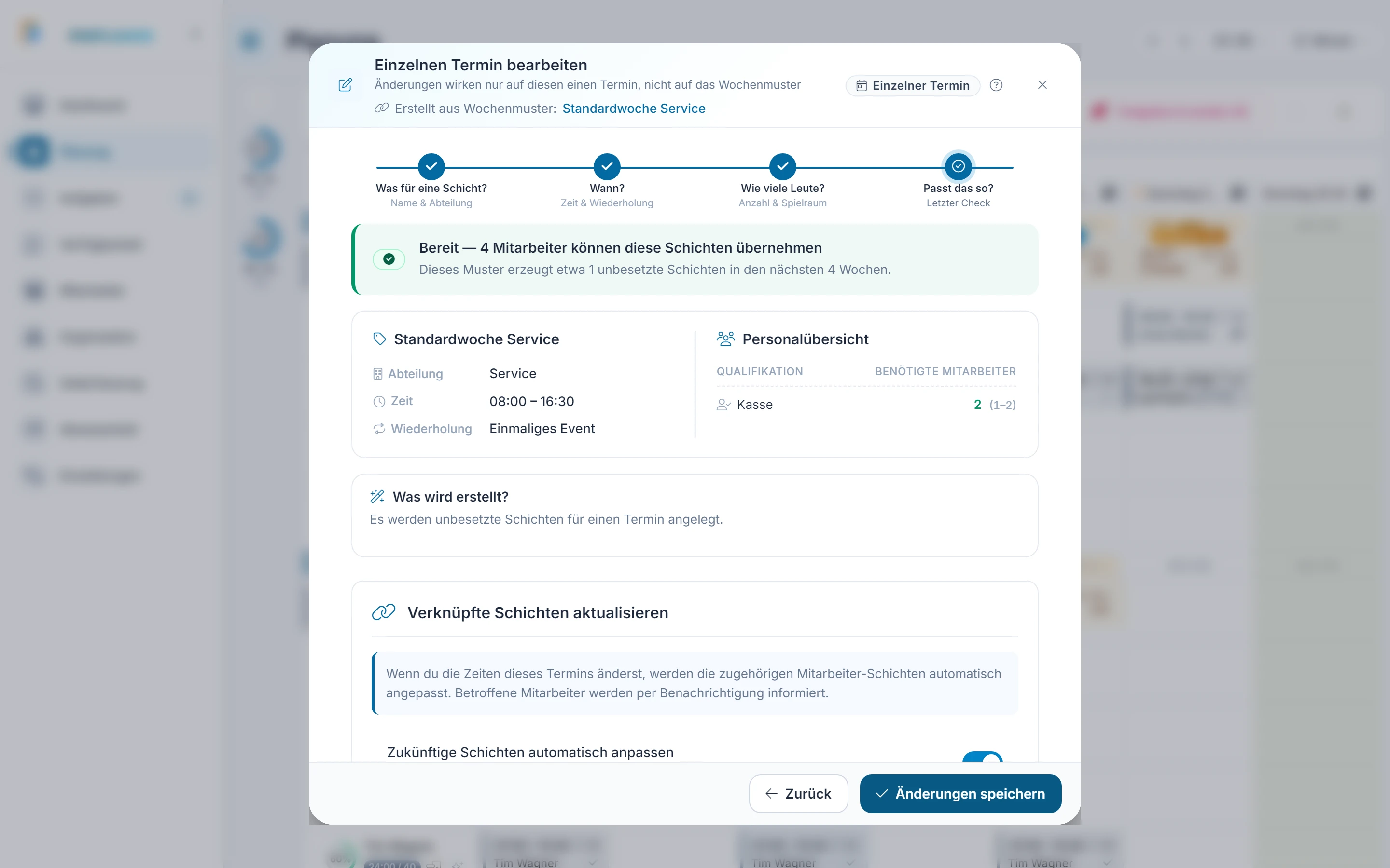 Screenshot Besetzungs-Wizard: Schritt 5: Speichern. Markiert: (1) Änderungen speichern: „Änderungen speichern“ übernimmt die Änderung für diesen Termin.