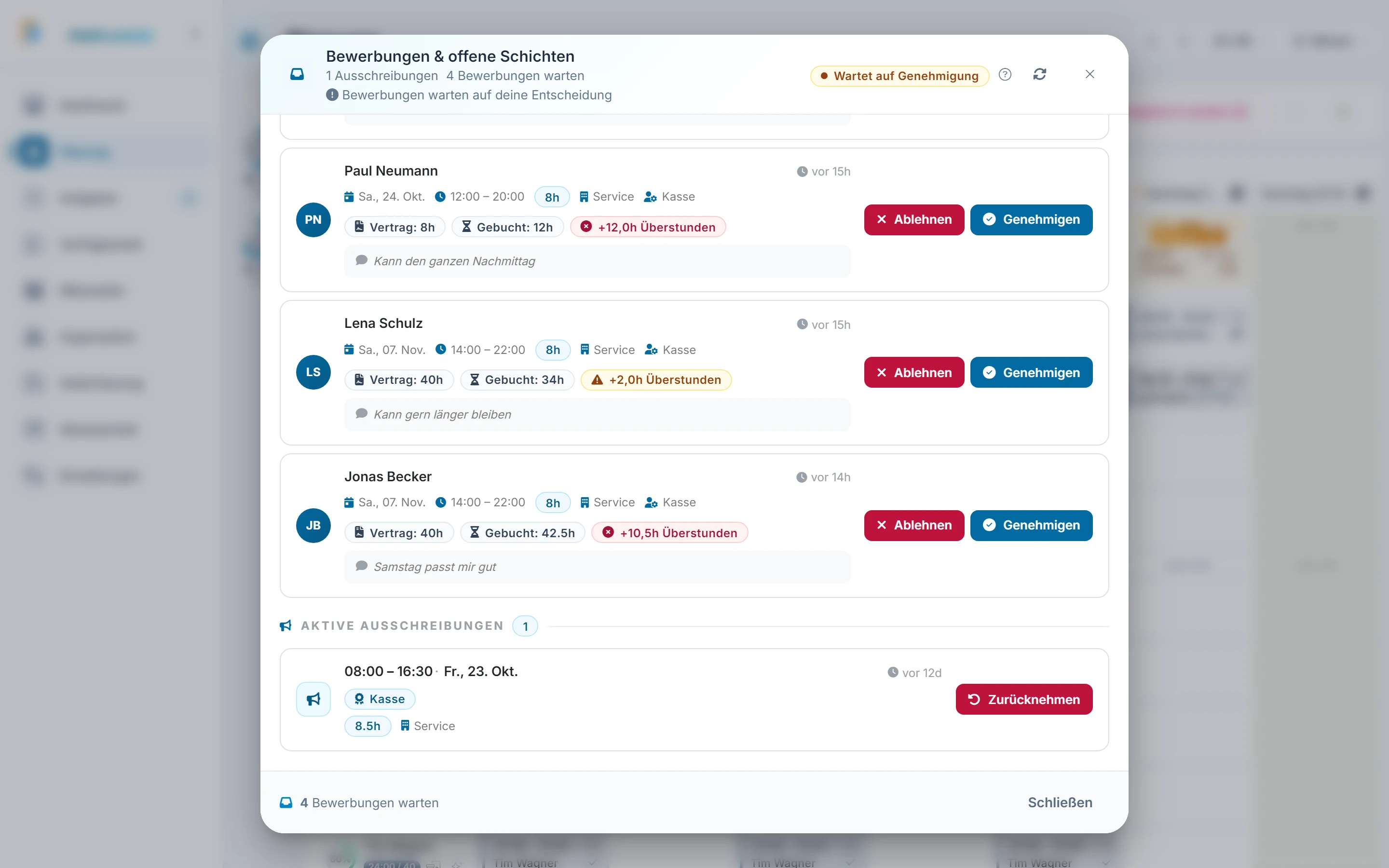 Screenshot Bewerbungen: Schritt 5: Ausschreibung zurücknehmen. Markiert: (A) Aktive Ausschreibungen: Die Liste zeigt offene Ausschreibungen, die in der Zukunft beginnen.