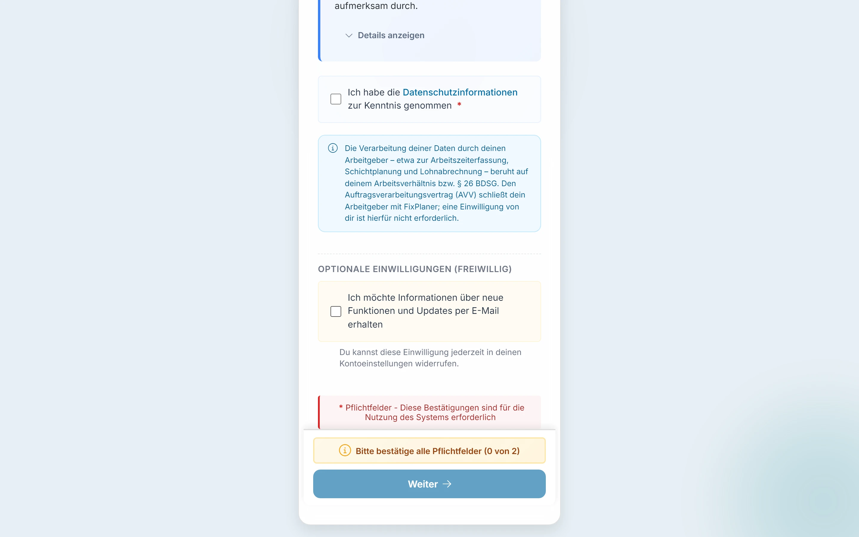 Screenshot Einladung annehmen: Schritt 1: Datenschutz & Nutzung. Markiert: (1) Datenschutz: Mit dem Kästchen bestätigst du, dass du die Datenschutzinformationen zur Kenntnis genommen hast., (2) Neuigkeiten (freiwillig): Mit dem Kästchen willigst du ein, Infos über neue Funktionen per E-Mail zu bekommen.