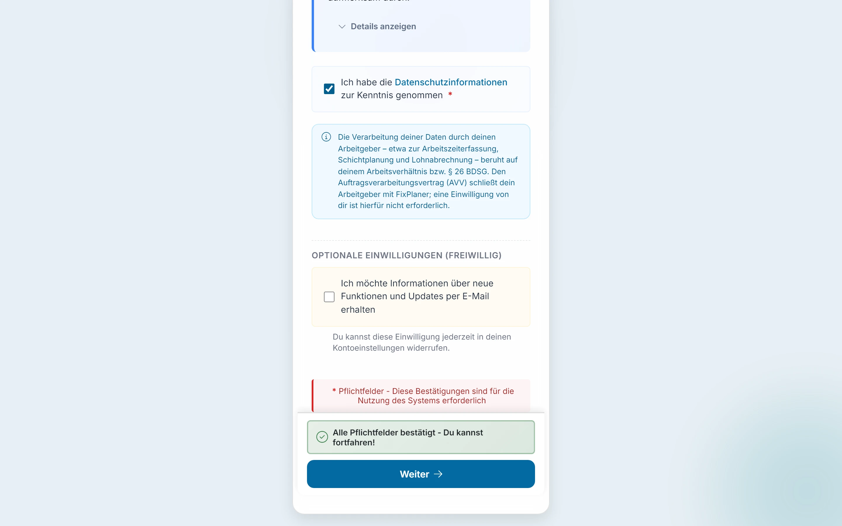 Screenshot Einladung annehmen: Schritt 2: Weiter. Markiert: (1) Weiter: „Weiter“ führt vom Datenschutz-Schritt zum Schritt „Passwort“.