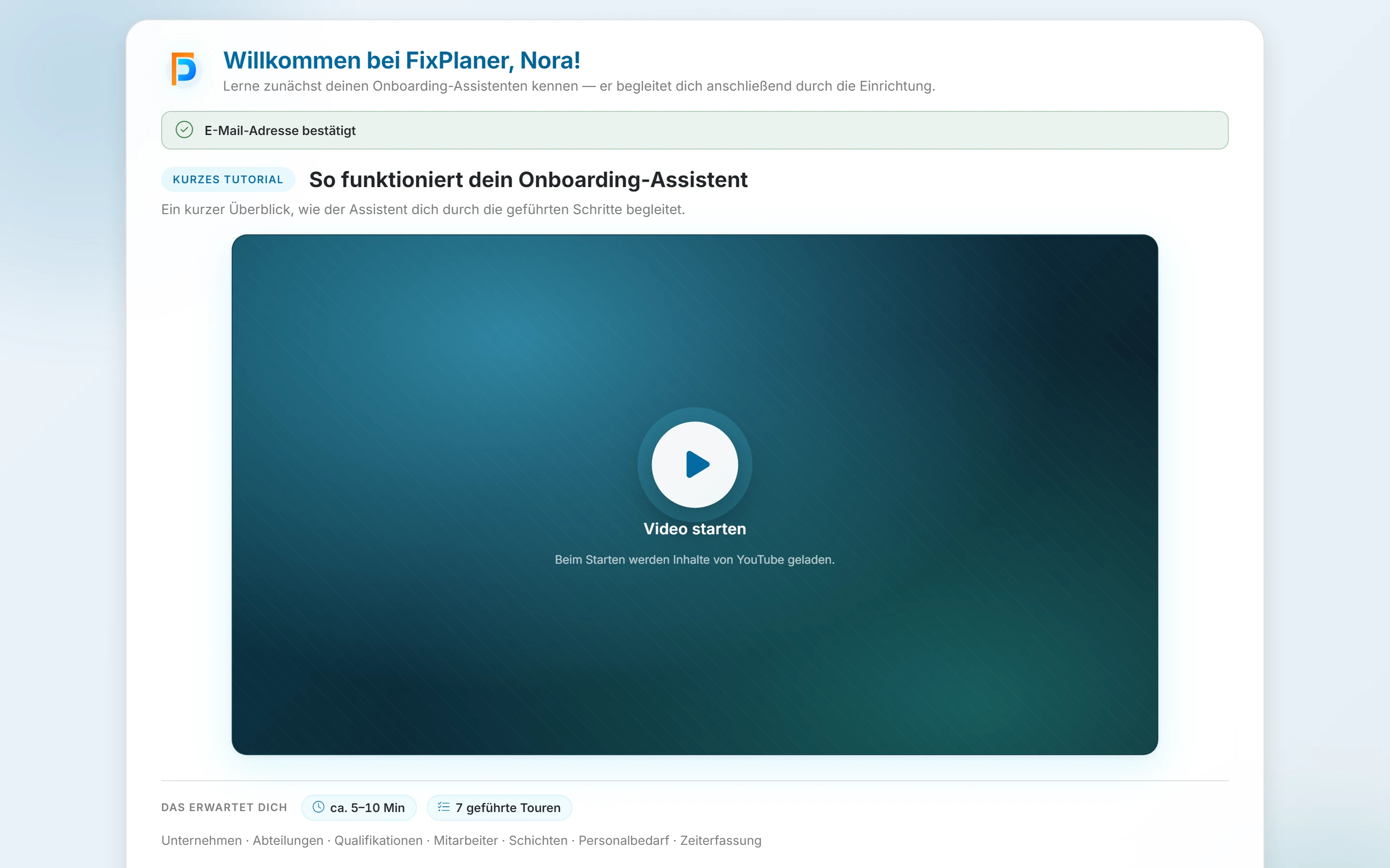 Screenshot Einrichtungs-Assistent: Schritt 2: Einführungsvideo ansehen. Markiert: (1) Einführungsvideo: Das Einführungsvideo erklärt, wie der Einrichtungs-Assistent funktioniert.