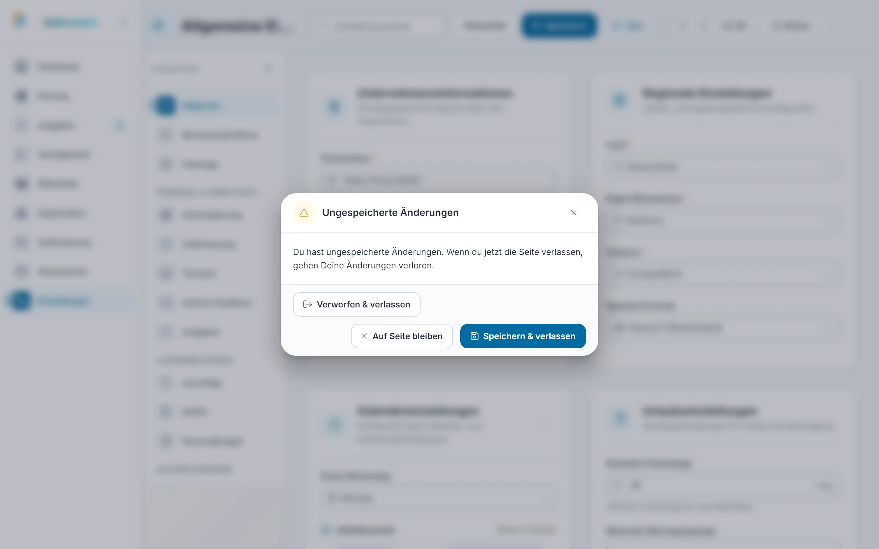 Screenshot: Ungespeicherte Änderungen. Markiert: (A) Ungespeicherte Änderungen: Der Dialog bietet „Speichern & verlassen“, „Verwerfen & verlassen“ und „Auf Seite bleiben“., (1) Verwerfen & verlassen: „Verwerfen & verlassen“ löscht die Änderungen endgültig.
