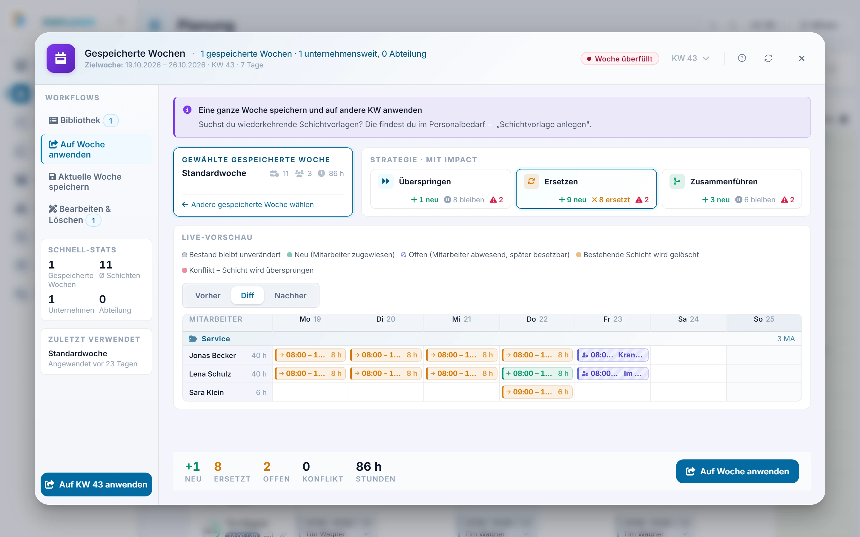 Screenshot Gespeicherte Wochen: Schritt 4: Strategie wählen. Markiert: (A) Strategie mit Live-Vorschau: Hier wählst du „Überspringen“, „Ersetzen“ oder „Zusammenführen“, die „Live-Vorschau“ zeigt die Folgen.