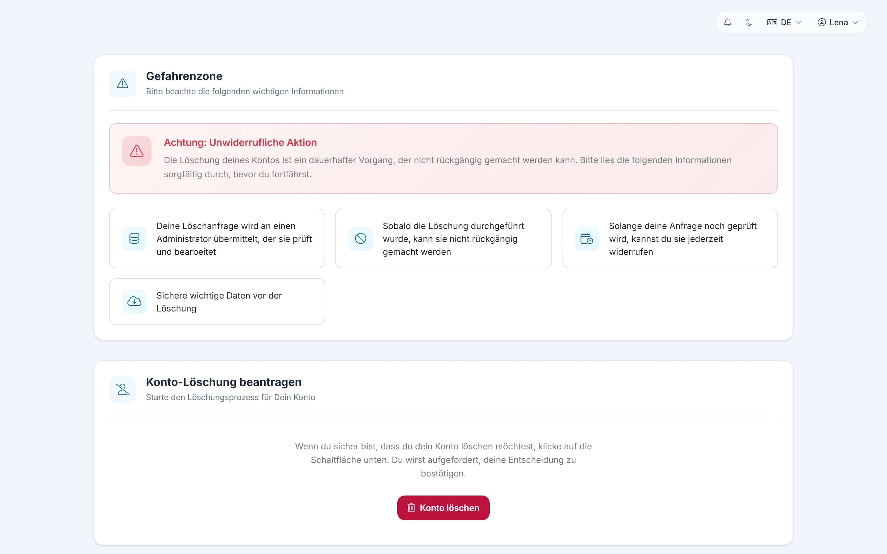 Screenshot Konto: Konto löschen: Schritt 1: Gefahrenzone. Markiert: (A) Gefahrenzone: Die Gefahrenzone enthält den Knopf zum Löschen des Kontos., (1) Konto löschen: Mit „Konto löschen“ öffnest du den Antrag.