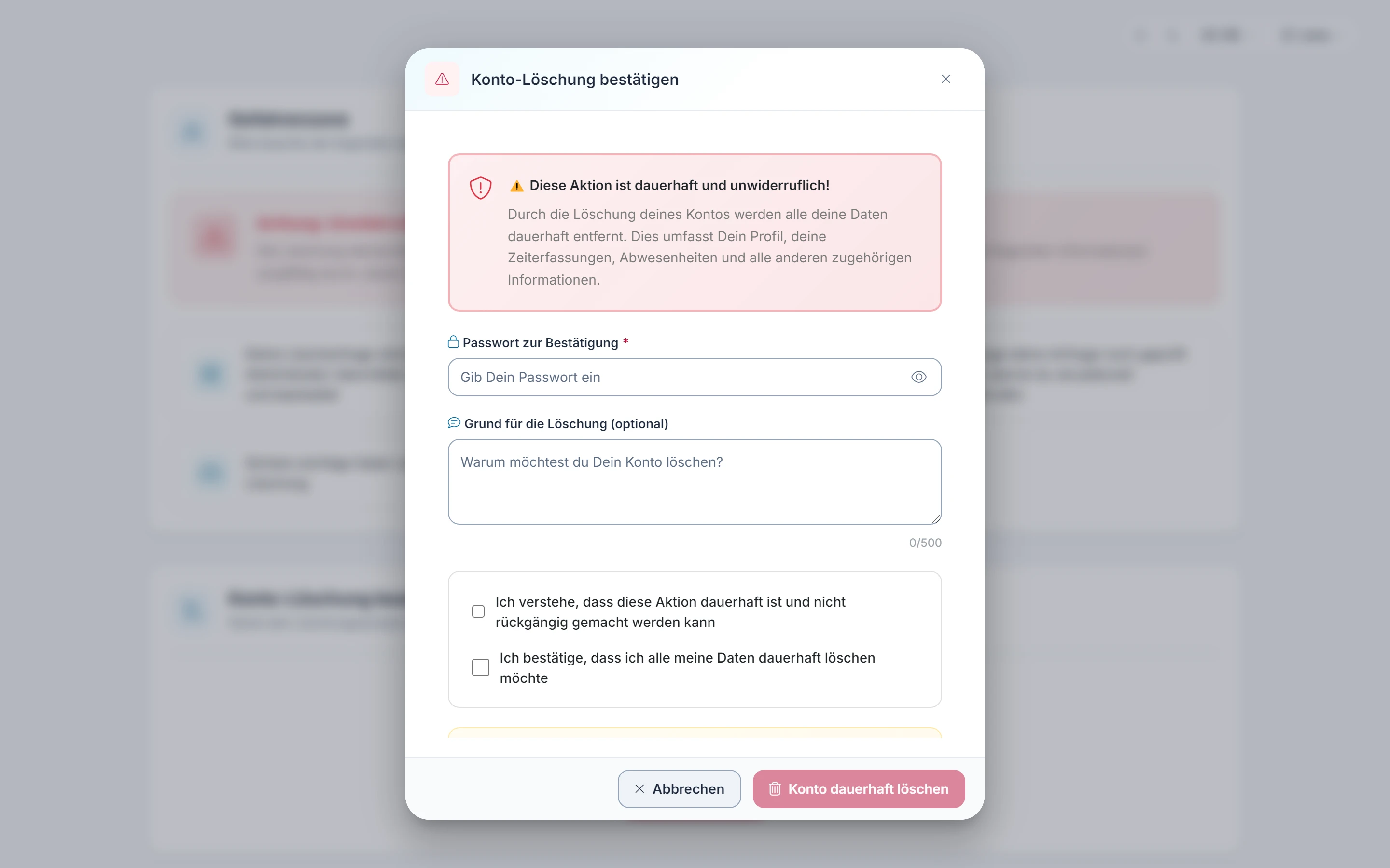 Screenshot Konto: Konto löschen: Schritt 2: Antrag ausfüllen. Markiert: (A) Passwort zur Bestätigung: Hier gibst du dein Passwort zur Bestätigung ein., (1) Ich verstehe, dass diese Aktion dauerhaft ist: Beide Bestätigungen hakst du vor dem Absenden an., (2) Konto dauerhaft löschen: Mit diesem Knopf sendest du den Antrag ab.