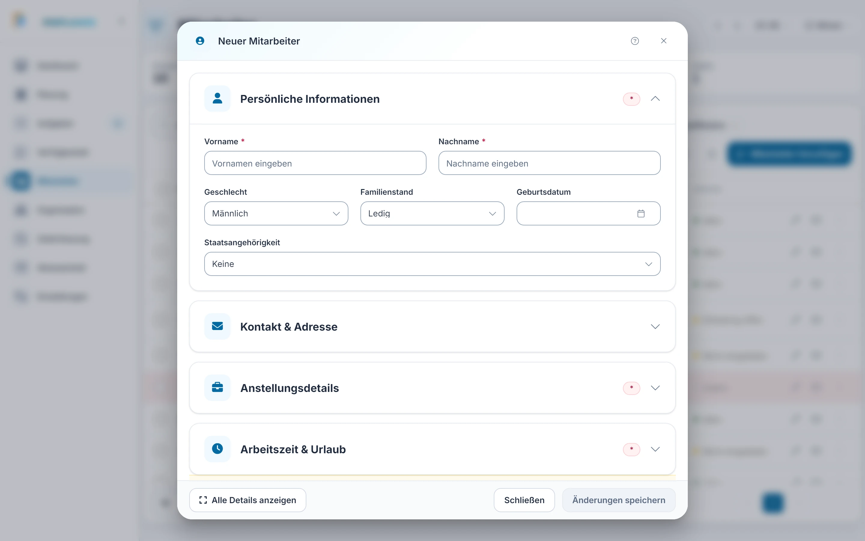 Screenshot Mitarbeiter hinzufügen: Schritt 2: Schnell oder vollständig. Markiert: (1) Alle Details anzeigen: „Alle Details anzeigen“ blendet alle Abschnitte des Formulars ein.