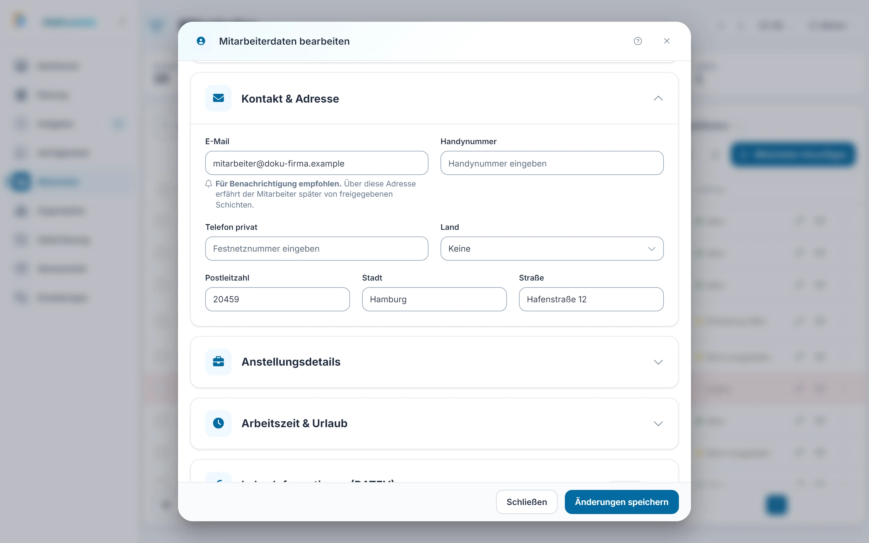 Screenshot Bearbeiten: Schritt 3: Kontakt & Adresse. Markiert: (A) Kontakt & Adresse: E-Mail, Telefonnummern und Adresse der Person.