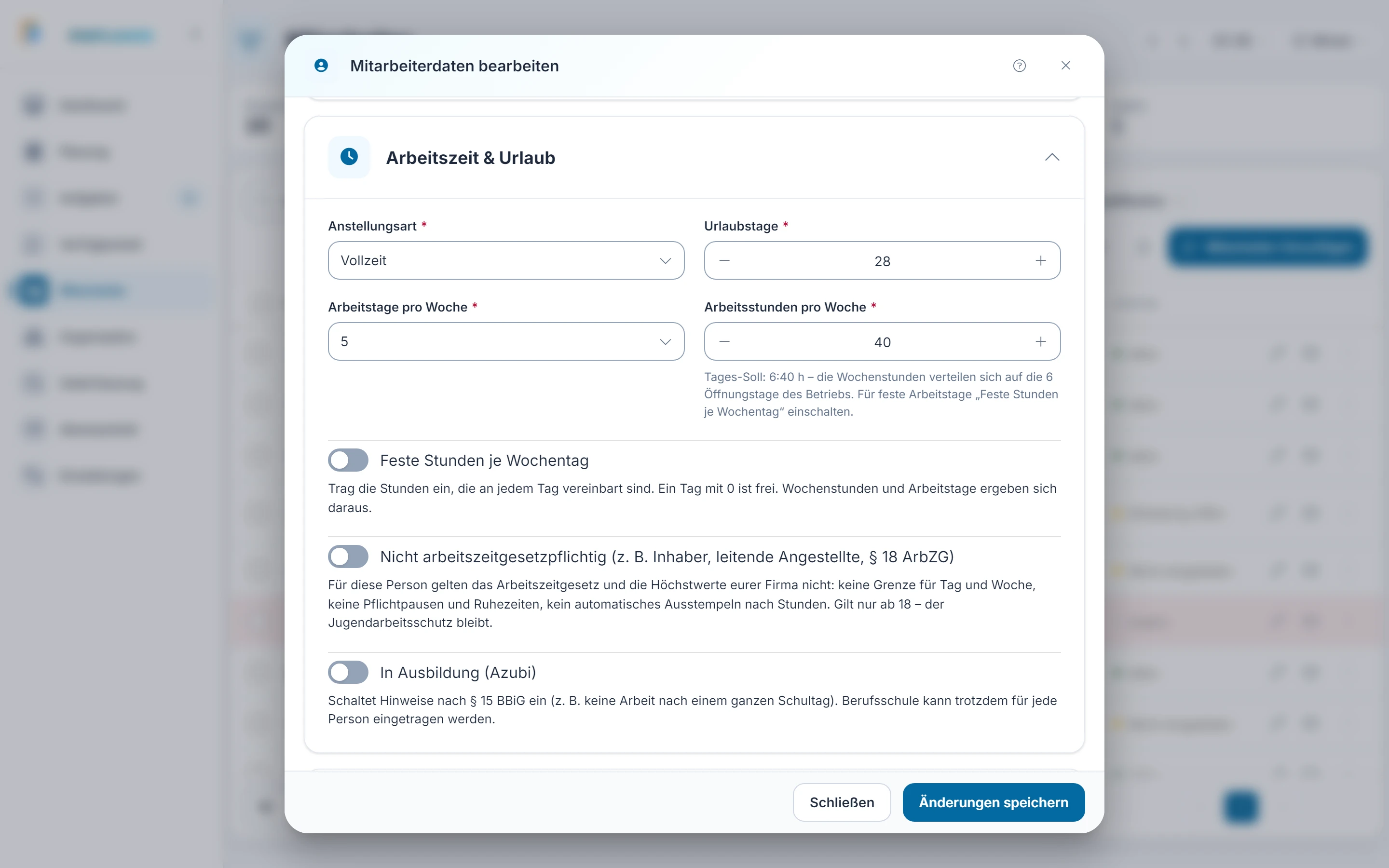 Screenshot Bearbeiten: Schritt 5: Arbeitszeit & Urlaub. Markiert: (A) Arbeitszeit & Urlaub: Anstellungsart, Wochenstunden, Arbeitstage, Urlaubstage und feste Stunden je Wochentag., (1) Nicht arbeitszeitgesetzpflichtig: Nimmt eine volljährige Person von den Regeln des Arbeitszeitgesetzes und euren Höchstwerten aus., (2) In Ausbildung (Azubi): Markiert die Person als Auszubildende.