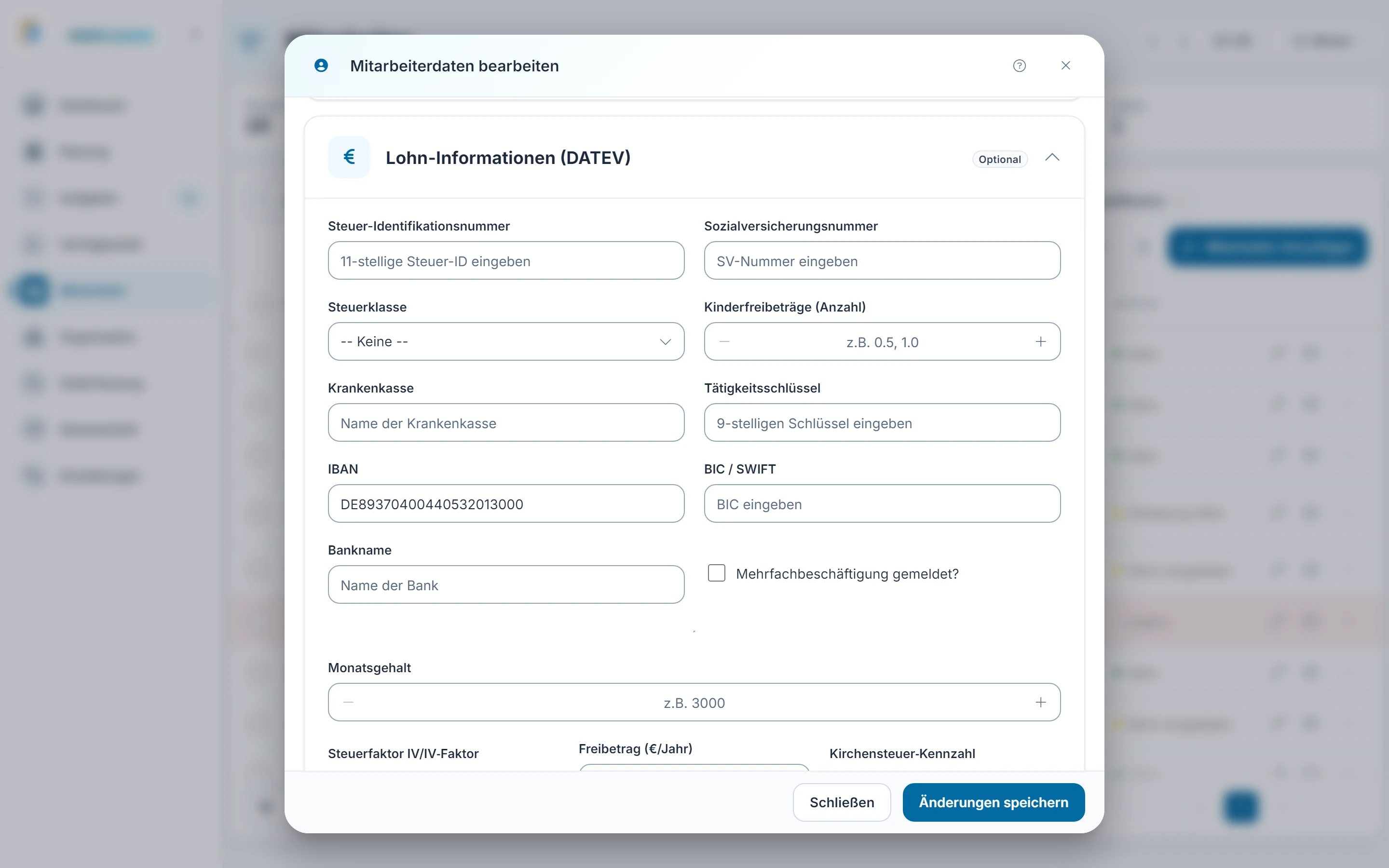 Screenshot Bearbeiten: Schritt 6: Lohn-Informationen (DATEV). Markiert: (A) Lohn-Informationen (DATEV): Lohn-, Steuer- und Bankdaten der Person.