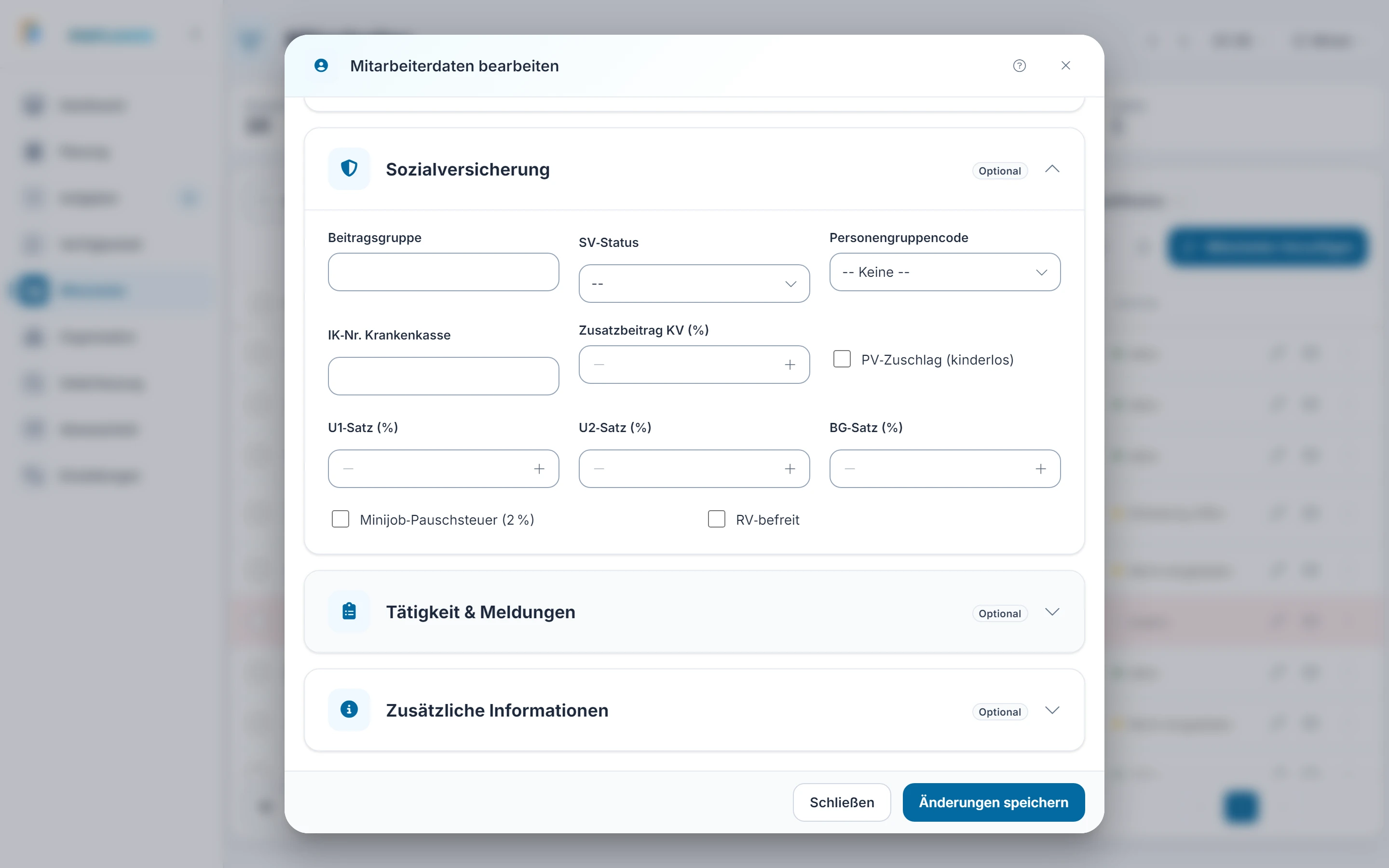 Screenshot Bearbeiten: Schritt 7: Sozialversicherung. Markiert: (A) Sozialversicherung: SV-Nummer, Krankenkasse, Beitragsgruppe und weitere Angaben zur Sozialversicherung.