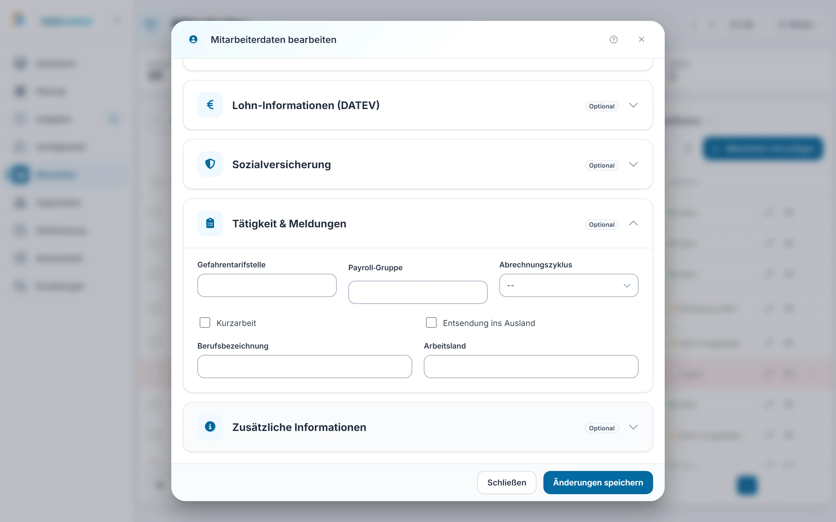 Screenshot Bearbeiten: Schritt 8: Tätigkeit & Meldungen. Markiert: (A) Tätigkeit & Meldungen: Angaben zur Tätigkeit und zu Meldungen für die Lohnabrechnung.