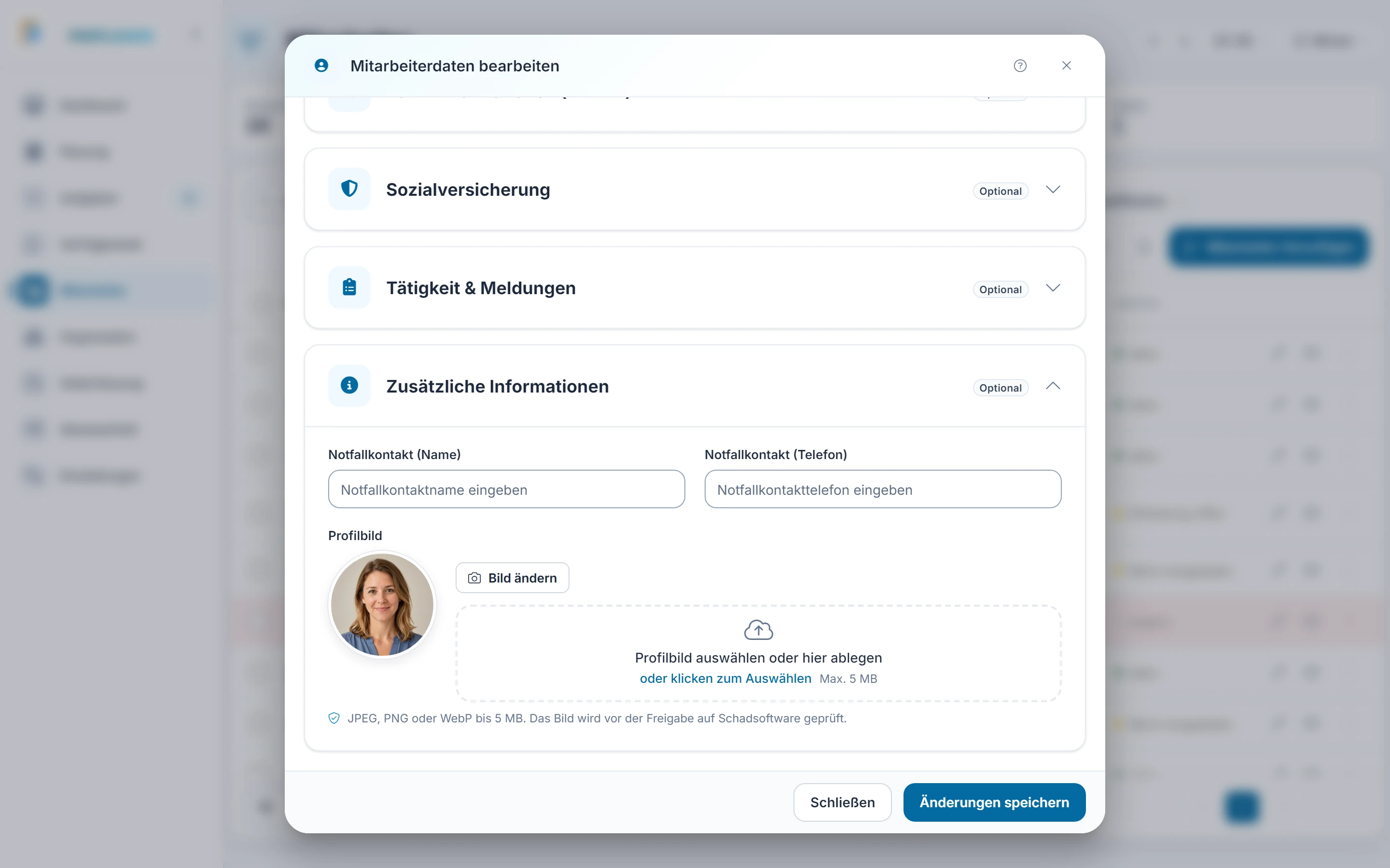 Screenshot Bearbeiten: Schritt 9: Zusätzliche Informationen. Markiert: (A) Zusätzliche Informationen: Notfallkontakt und Profilbild der Person.