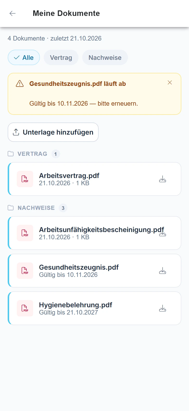 Screenshot Meine Dokumente: Schritt 1: Dokumente öffnen. Markiert: (1) Alle, Vertrag, Nachweise: Die Chips grenzen die Liste auf eine Art von Unterlagen ein., (A) Dokumentgruppe: Die Unterlagen stehen nach Gruppen geordnet untereinander.