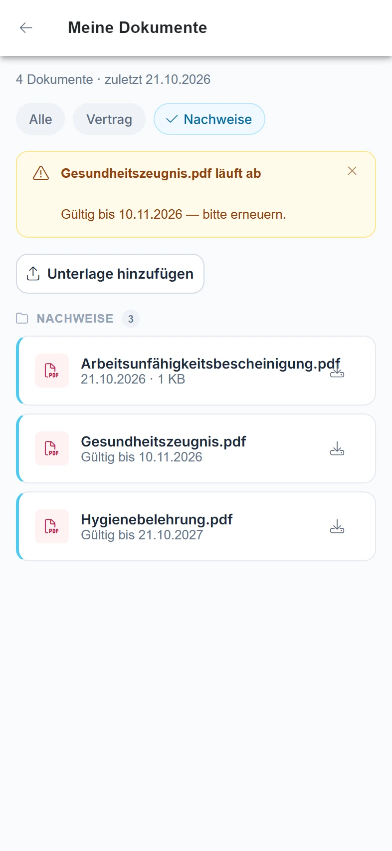 Screenshot Meine Dokumente: Schritt 2: Nach Art filtern. Markiert: (1) Nur Nachweise: Der gewählte Chip ist hervorgehoben, „Alle“ zeigt wieder alles., (A) Dokumentgruppe