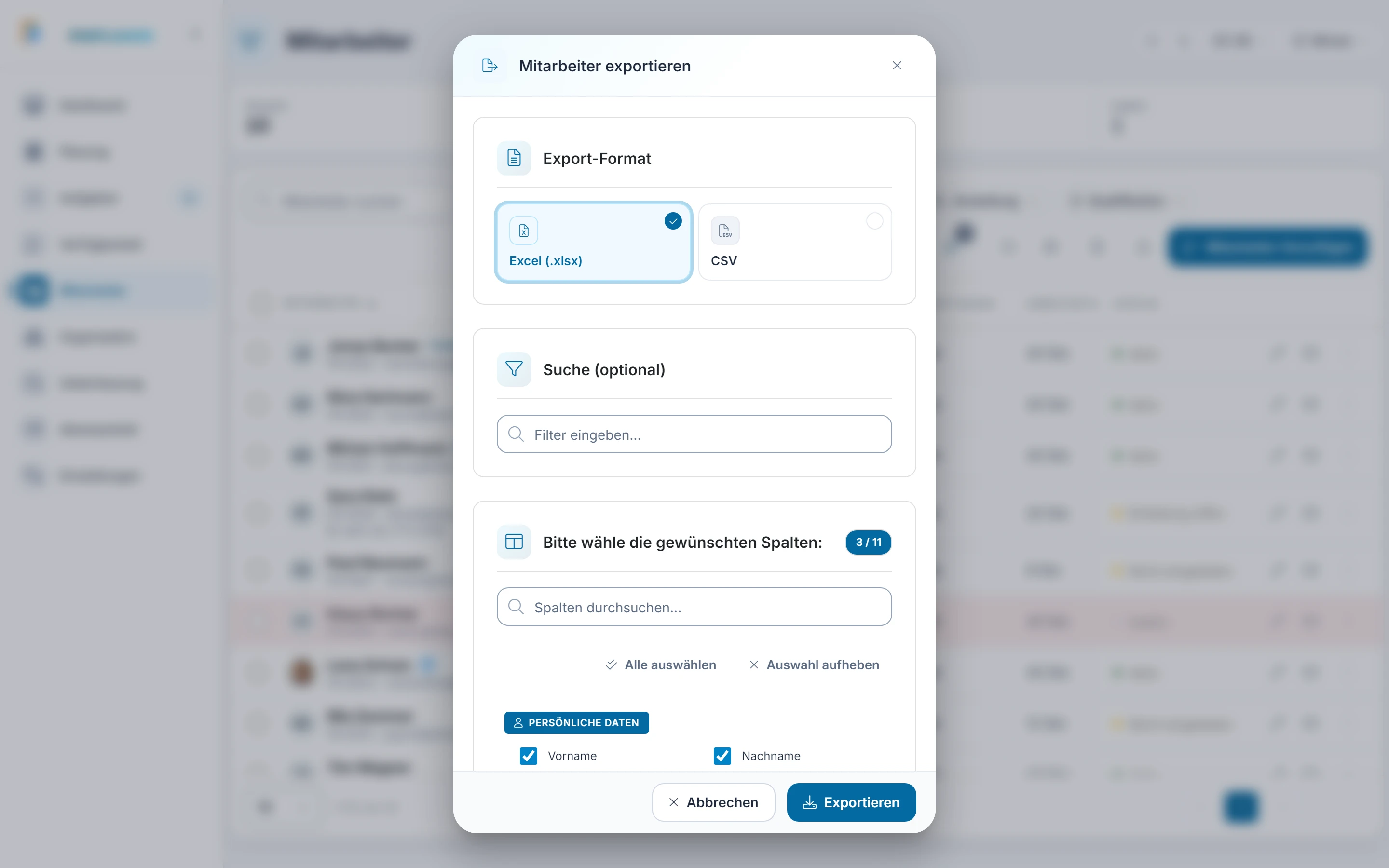 Screenshot Exportieren: Schritt 2: Format und Spalten wählen. Markiert: (1) Export-Format: Hier wählst du das Dateiformat., (2) Bitte wähle die gewünschten Spalten: Hier hakst du die Spalten an, die in die Datei sollen., (3) Exportieren: „Exportieren“ lädt die Datei herunter.