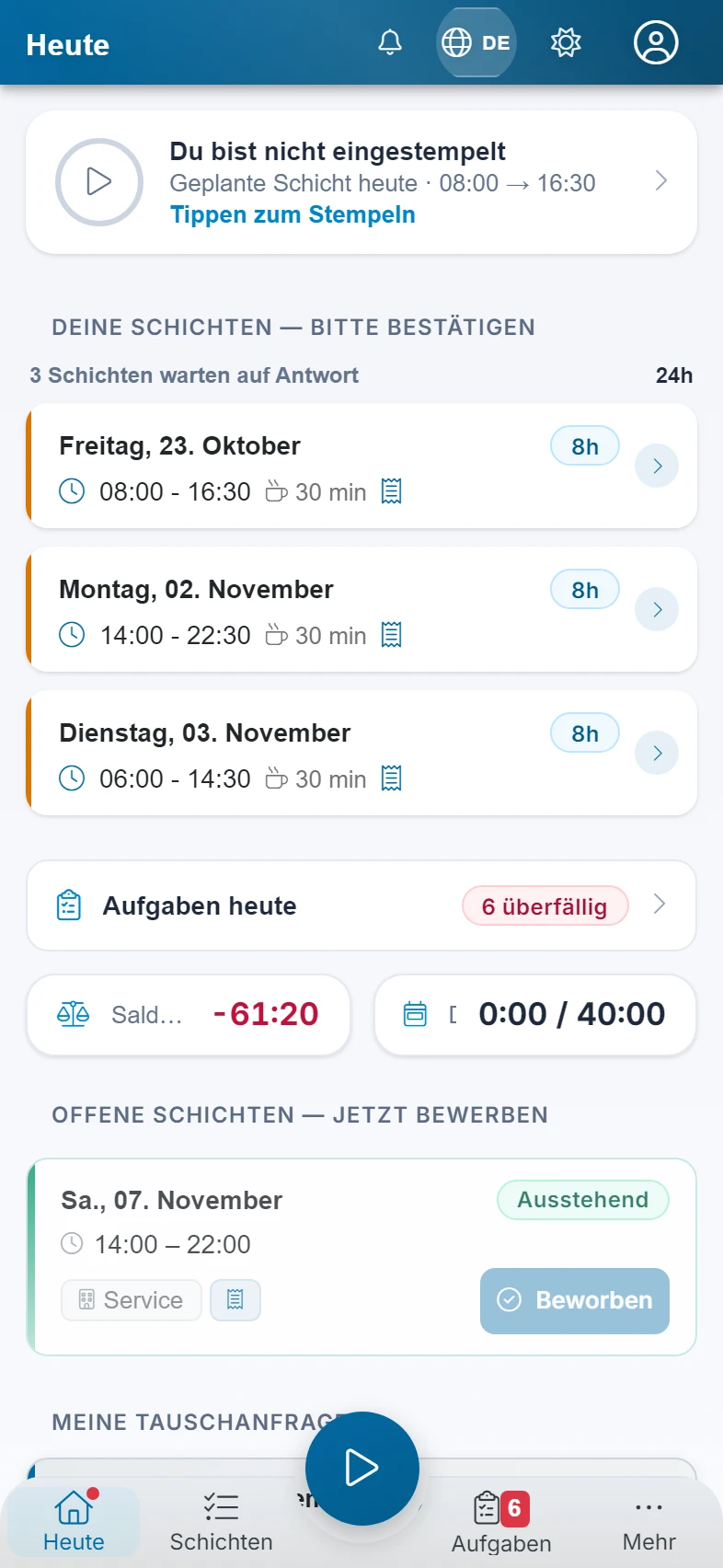 Screenshot Heute (Stempeln, Zeit nachtragen): Schritt 1: Heute ansehen. Markiert: (1) Stempel-Knopf, (A) Stempelstatus, (B) Saldo