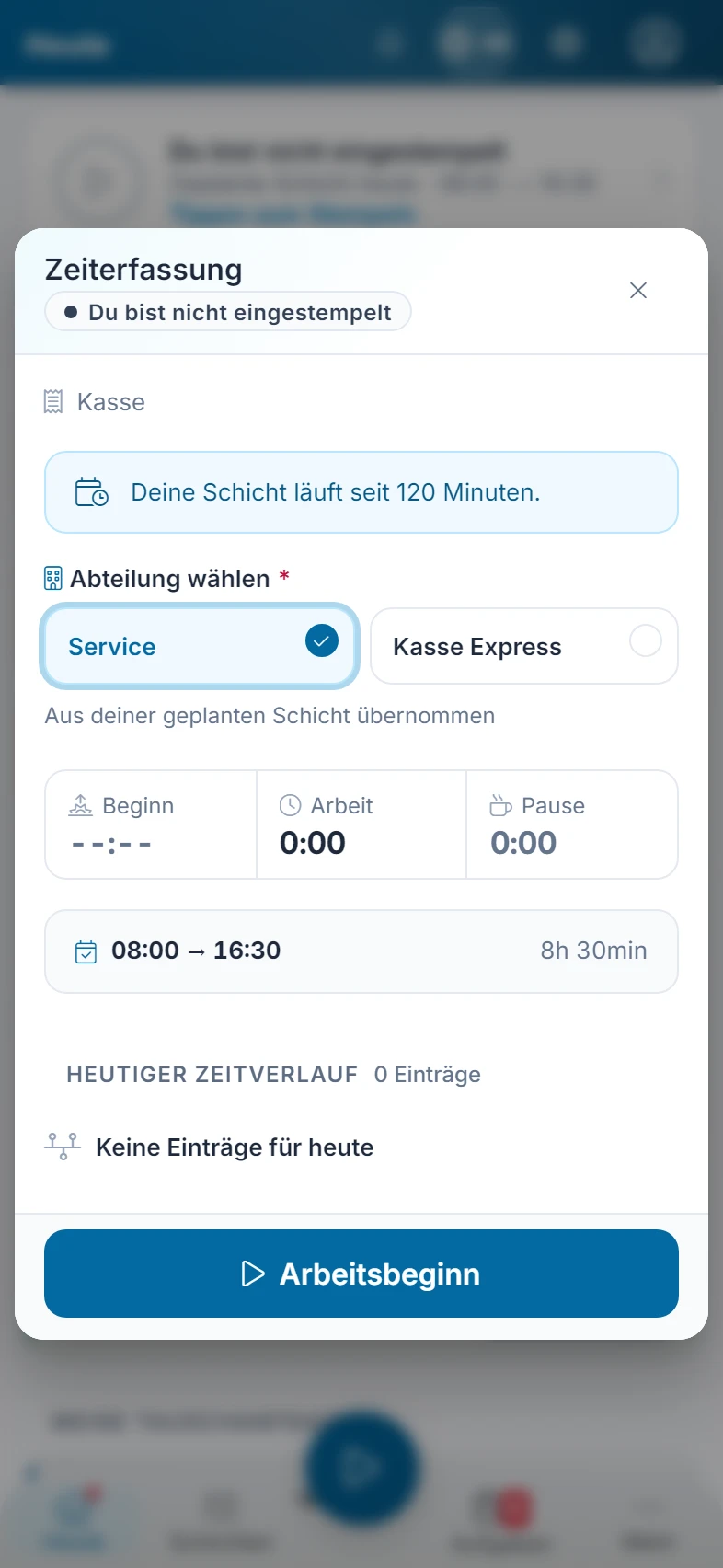 Screenshot Heute (Stempeln, Zeit nachtragen): Schritt 2: Stempeldialog öffnen. Markiert: (A) Zustand: Oben steht, ob du gerade eingestempelt bist, Pause machst oder ausgestempelt bist., (B) Beginn, Arbeit und Pause: Die Zeile zeigt deinen Beginn und die bisherige Arbeits- und Pausenzeit des Tages., (1) Arbeitsbeginn: Bist du nicht eingestempelt, wählst du darüber unter „Abteilung wählen“ die Abteilung und stempelst mit „Arbeitsbeginn“ ein.