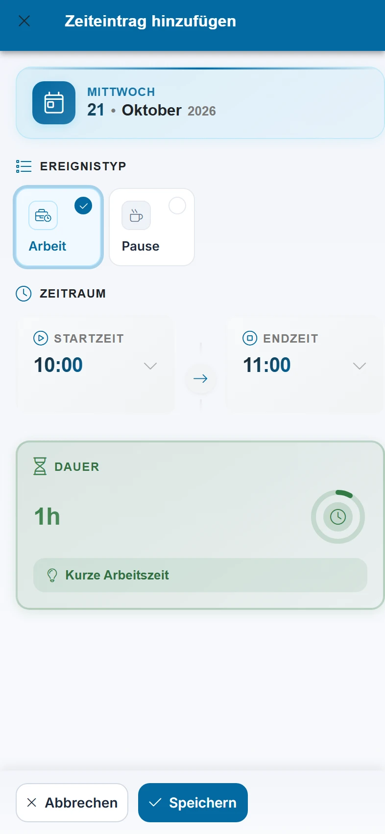 Screenshot Heute (Stempeln, Zeit nachtragen): Schritt 4: Zeit nachtragen. Markiert: (A) Ereignistyp: Du wählst, ob der Eintrag Arbeit oder Pause ist., (1) Startzeit: Die Uhrzeit, zu der der Eintrag beginnt., (2) Endzeit: Die Uhrzeit, zu der der Eintrag endet, die Dauer zeigt der Dialog daneben an.