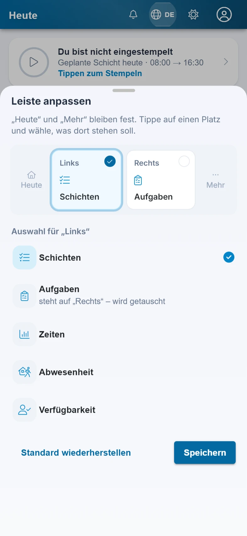 Screenshot Leiste anpassen: Schritt 2: Leiste anpassen. Markiert: (1) Plätze links und rechts: Je Platz wählst du den Bereich, der in der Leiste unten erscheint., (2) Standard wiederherstellen: Setzt die Leiste auf die ursprüngliche Belegung zurück.