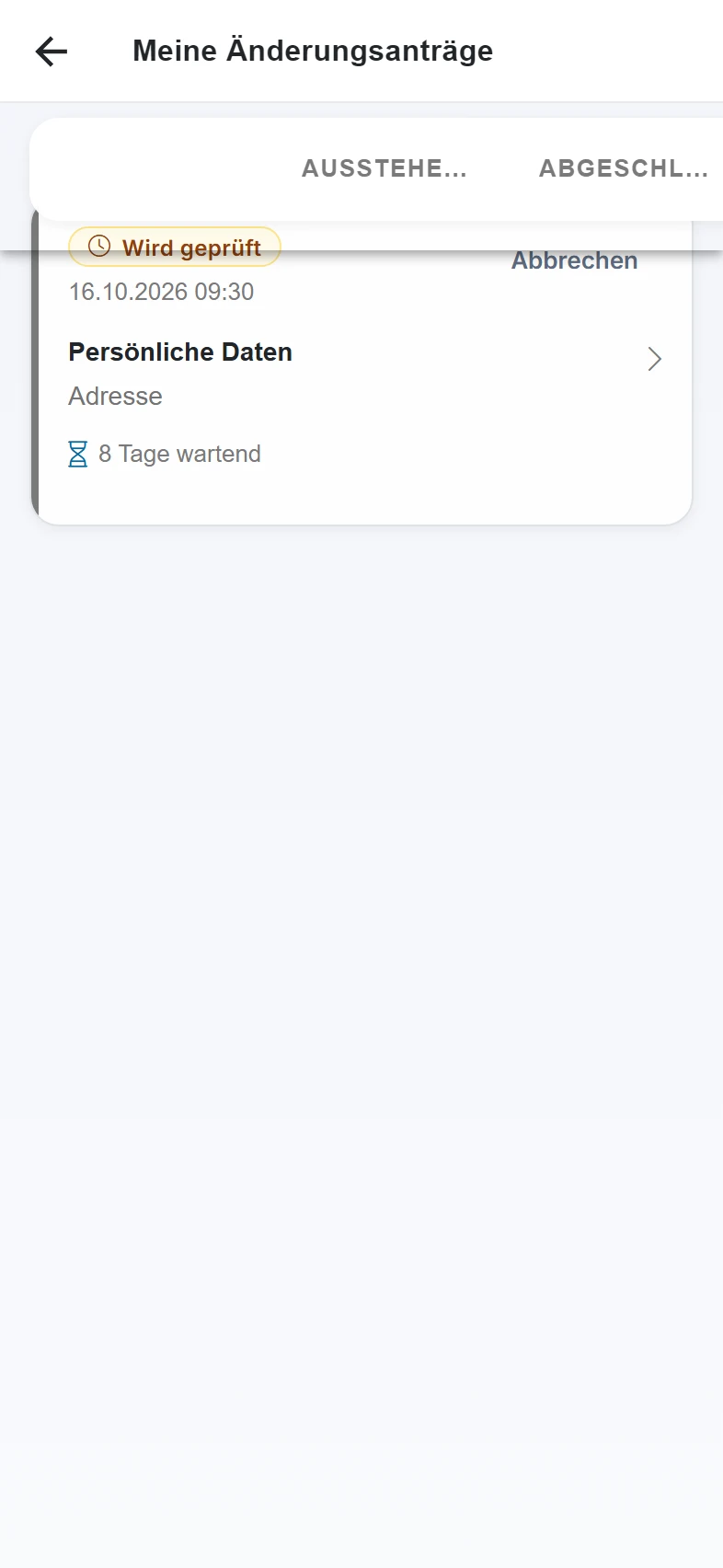 Screenshot Mein Profil (Änderungsantrag): Schritt 3: Anträge verfolgen. Markiert: (1) Alle, Ausstehend, Abgeschlossen, (A) Offener Änderungsantrag
