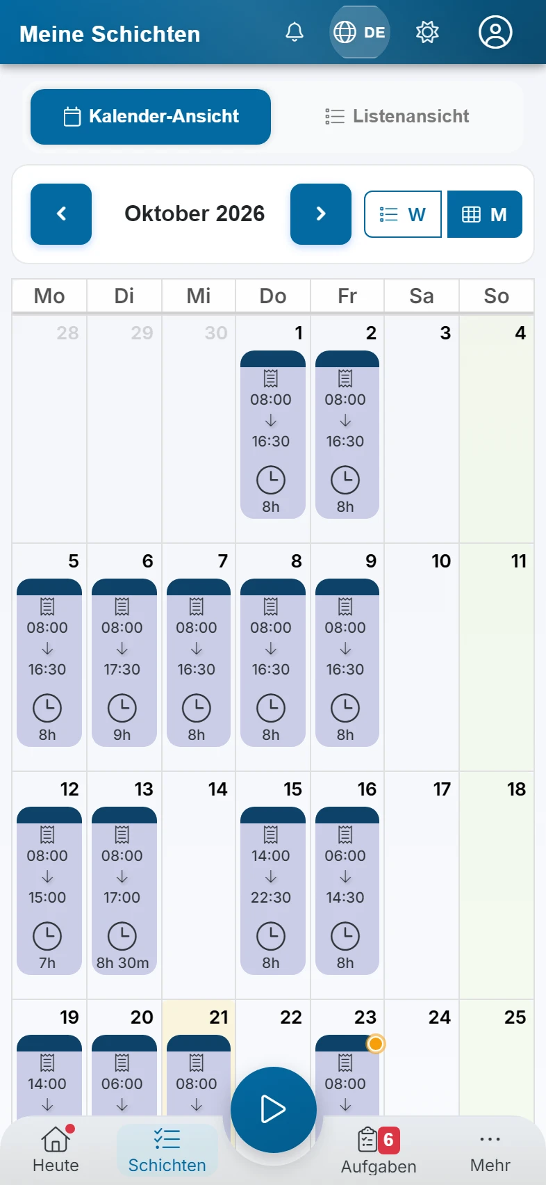 Screenshot Meine Schichten (Tausch anfragen): Schritt 1: Kalender-Ansicht. Markiert: (1) Ansicht umschalten, (A) Kalender mit Schichten
