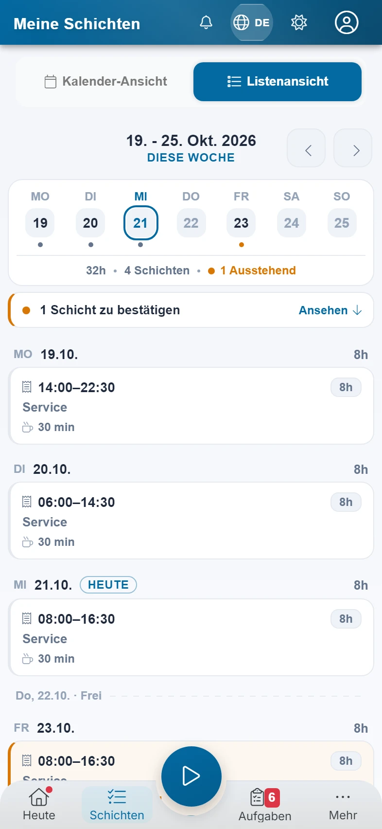 Screenshot Meine Schichten (Tausch anfragen): Schritt 2: Listenansicht. Markiert: (1) Woche wählen, (A) Schichten der Woche
