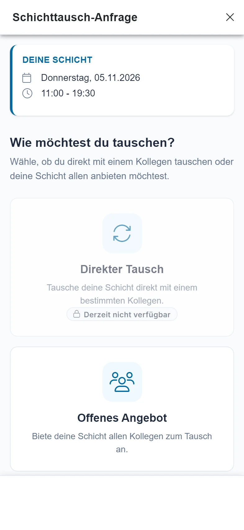 Screenshot Meine Schichten (Tausch anfragen): Schritt 3: Tausch anfragen. Markiert: (A) Deine Schicht: Oben steht die Schicht, die du abgeben möchtest, mit Tag und Uhrzeit., (1) Direkter Tausch, (2) Offenes Angebot: Du bietest die Schicht allen zur Übernahme an.