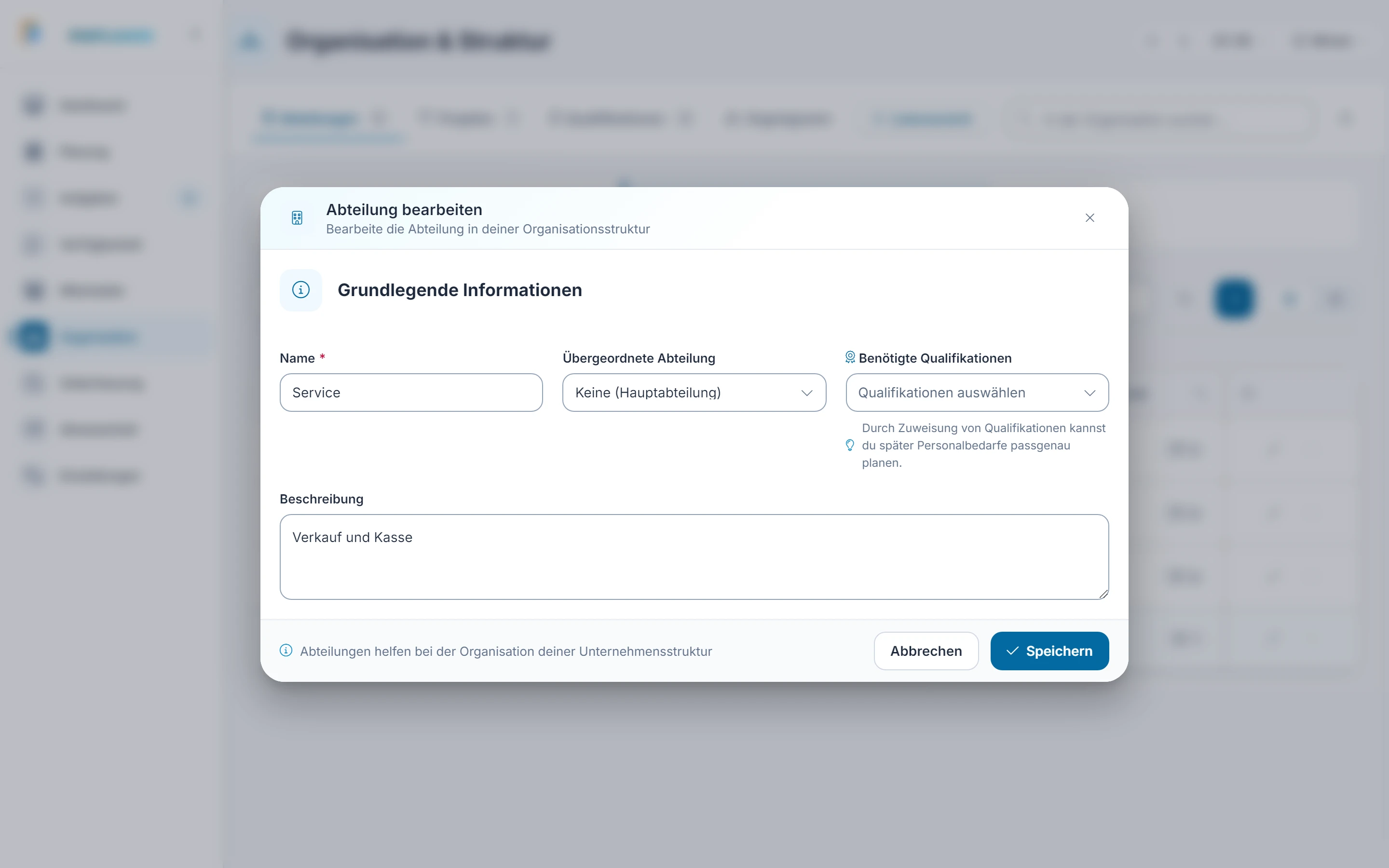 Screenshot: Bearbeiten. Markiert: (1) Felder: Der Dialog zeigt dieselben Felder wie beim Anlegen., (2) Speichern: „Speichern“ übernimmt die Änderungen.