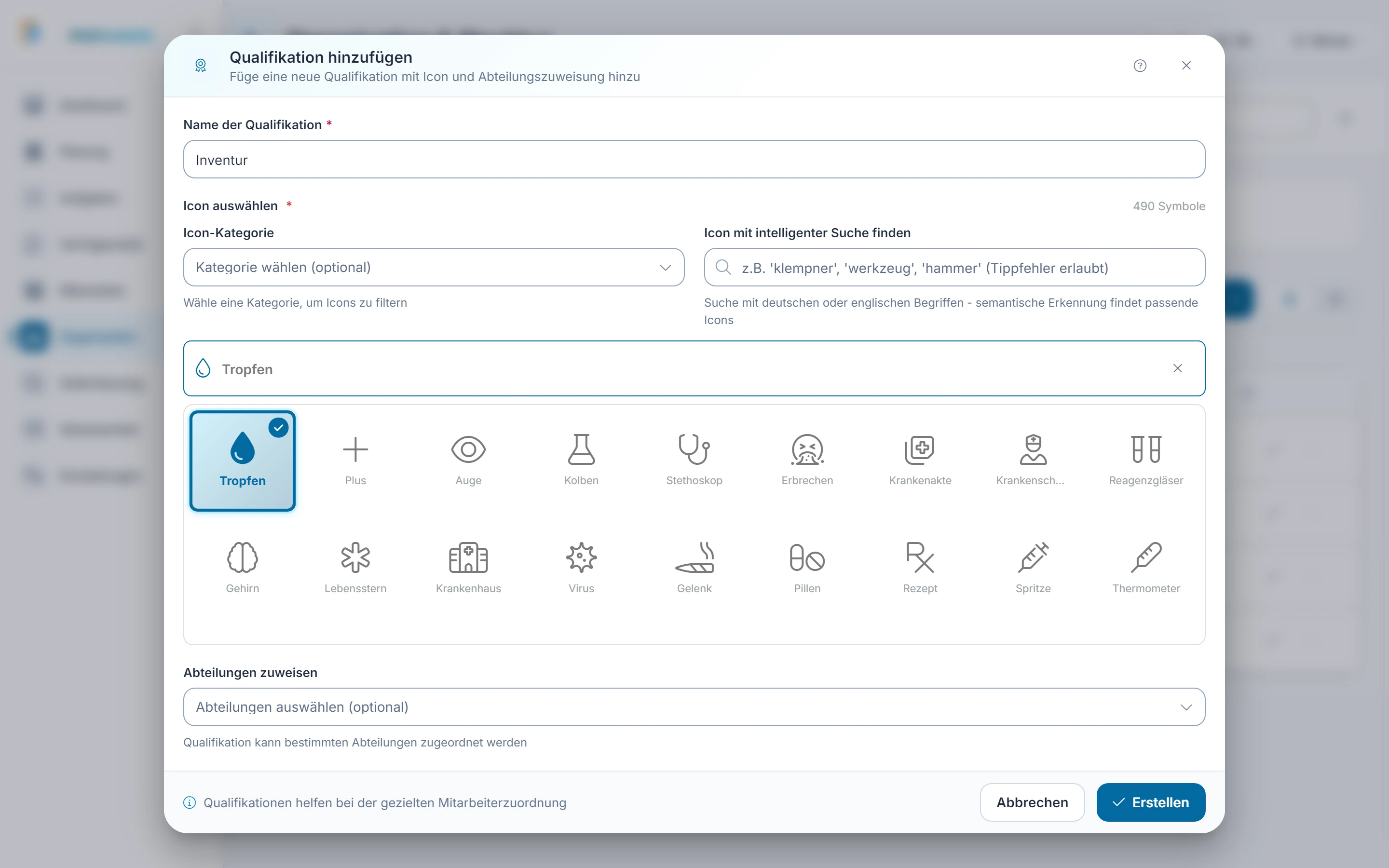 Screenshot: Qualifikation anlegen. Markiert: (1) Name: Der Name ist Pflicht, zum Beispiel „Warenkunde“., (2) Symbol: Ein Icon ist ebenfalls Pflicht, sonst meldet der Dialog „Icon muss ausgewählt werden“., (3) Erstellen: „Erstellen“ legt die Qualifikation an.