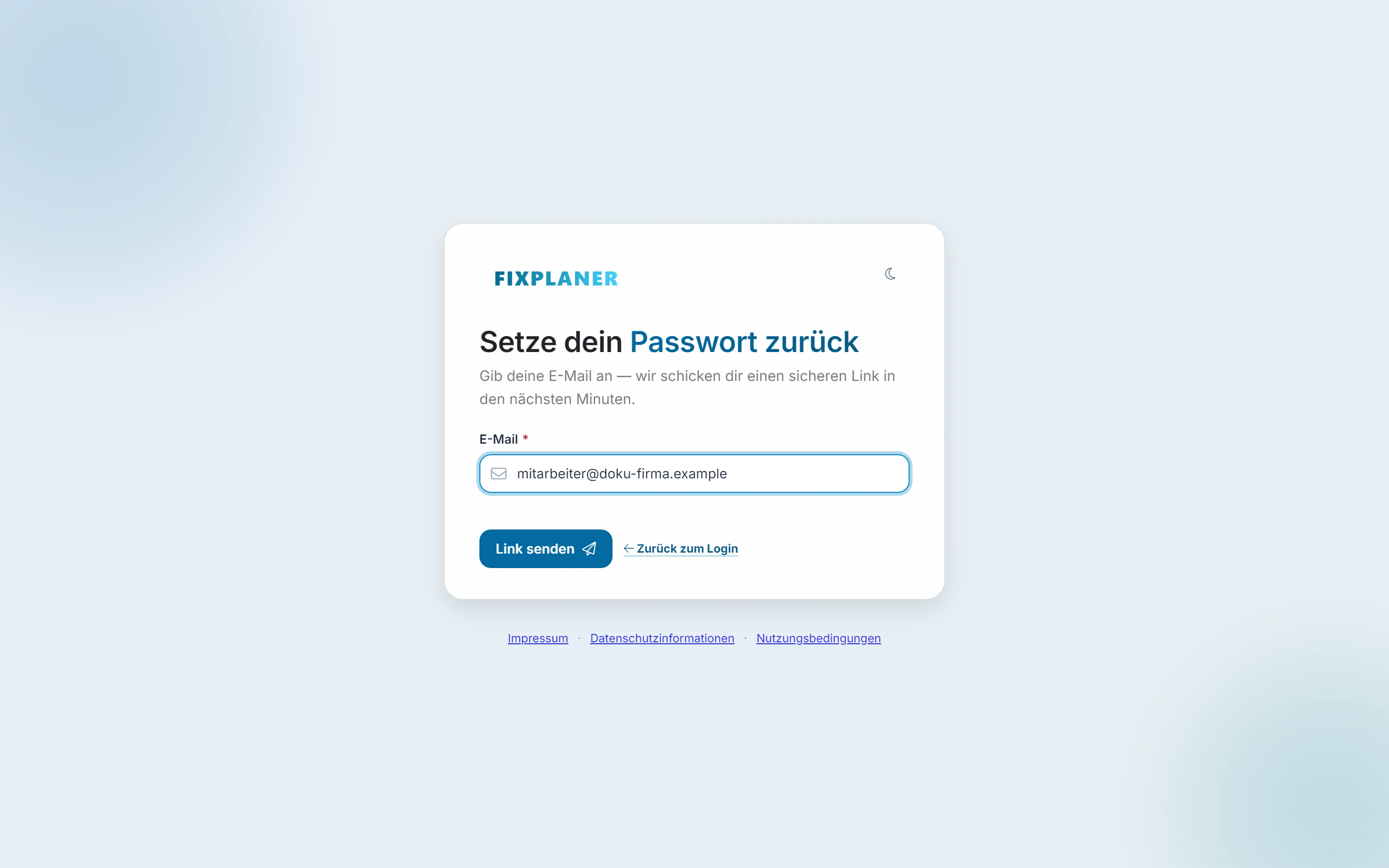 Screenshot Passwort vergessen: Schritt 2: Link anfordern. Markiert: (1) E-Mail: Hier gibst du die E-Mail-Adresse deines Kontos ein., (2) Link senden: „Link senden“ fordert die Mail zum Zurücksetzen an.
