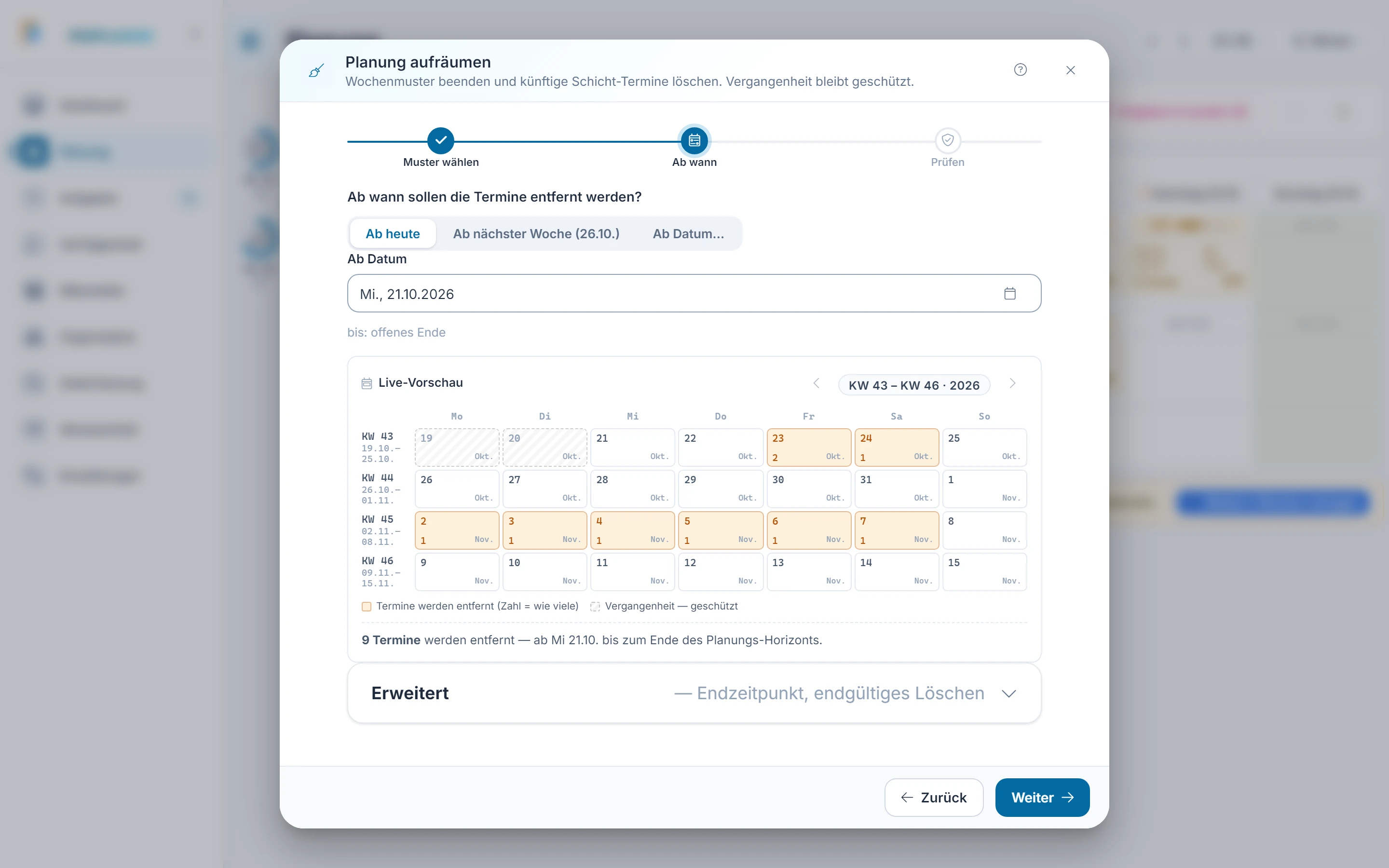 Screenshot Planung aufräumen: Schritt 3: Ab wann. Markiert: (1) Ab wann: Hier wählst du „Ab heute“, „Ab nächster Woche“ oder ein Datum und optional ein Bis-Datum.