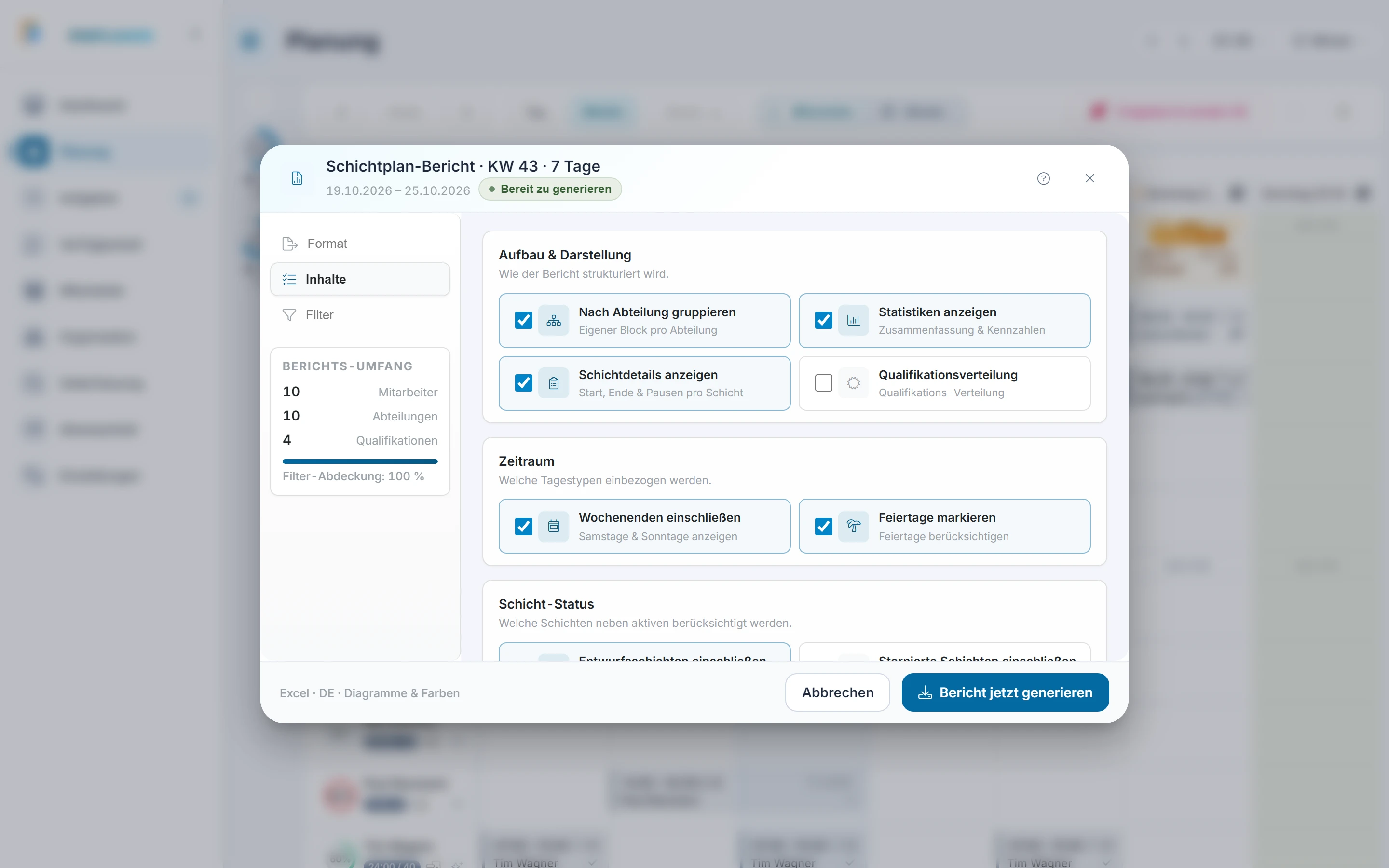 Screenshot Exportieren: Schritt 3: Inhalte wählen. Markiert: (1) Inhalte: Hier legst du fest, was im Bericht steht, zum Beispiel Statistiken, Entwürfe, Compliance und Unterschriften., (A) Berichts-Umfang: Die Karte zeigt laufend, wie viele Personen, Abteilungen und Qualifikationen im Bericht landen.