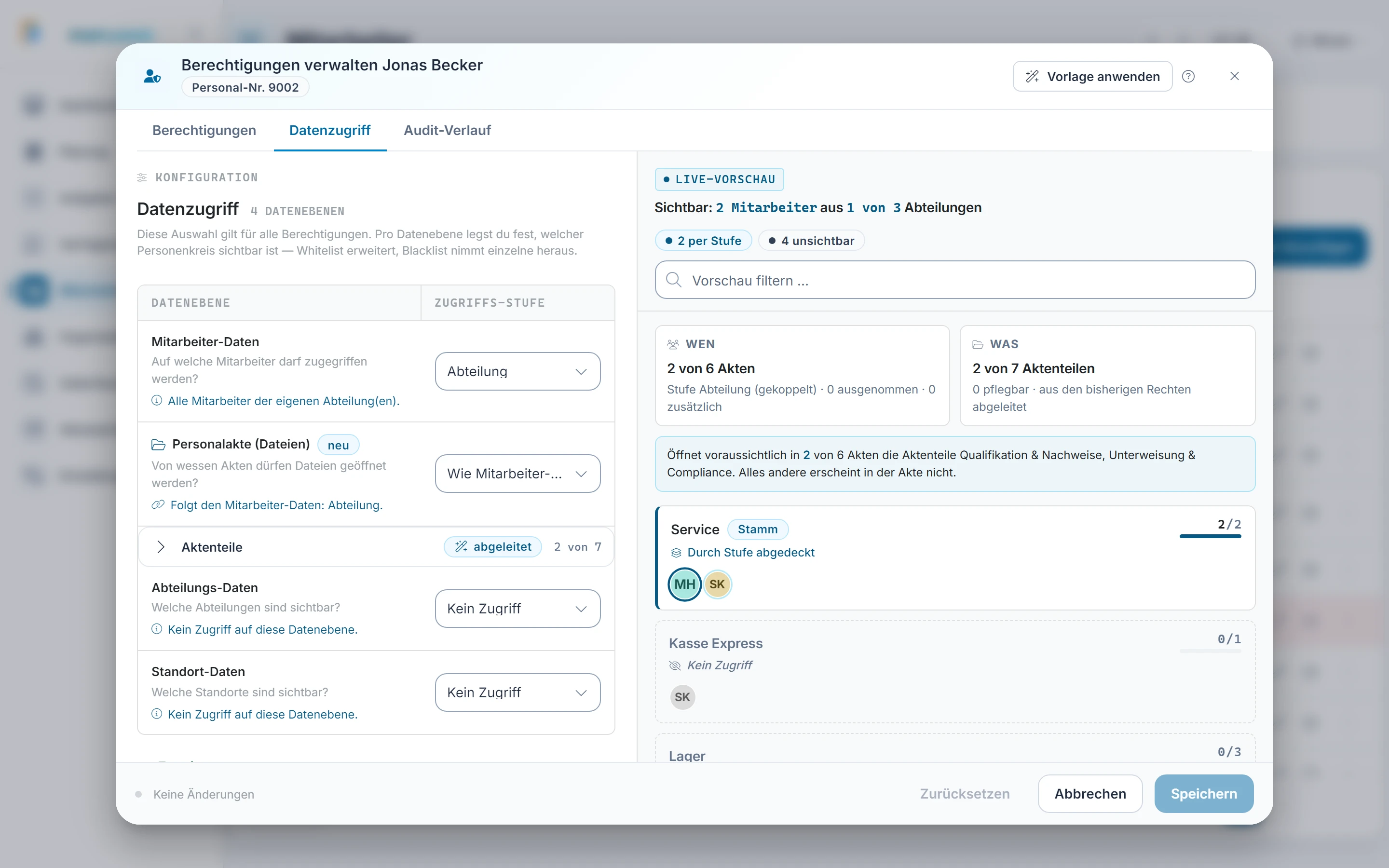 Screenshot Berechtigungen verwalten: Schritt 3: Reiter Datenzugriff. Markiert: (A) Datenzugriff: Hier legst du fest, auf wessen Daten der Teamleiter zugreift.