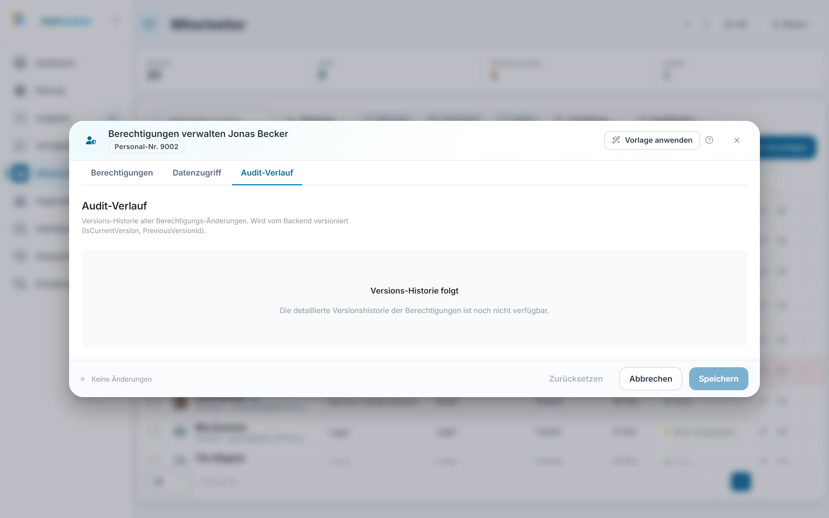 Screenshot Berechtigungen verwalten: Schritt 4: Reiter Audit-Verlauf. Markiert: (A) Audit-Verlauf: Der Reiter „Audit-Verlauf“ im Rechte-Dialog soll die Änderungen an den Rechten zeigen.