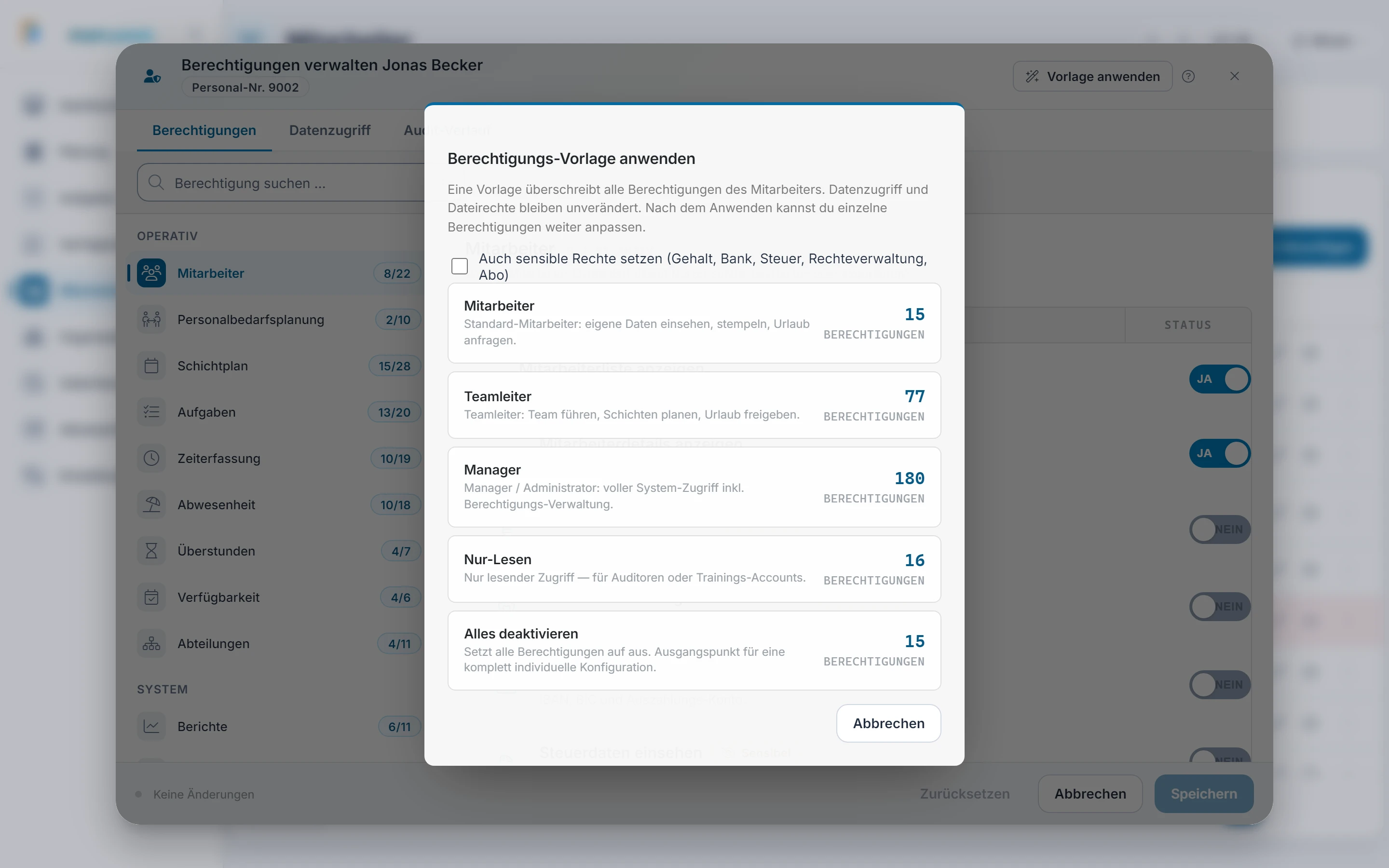 Screenshot Berechtigungen verwalten: Schritt 5: Vorlage anwenden. Markiert: (1) Auch sensible Rechte setzen: Mit dem Häkchen setzt die Vorlage auch die sensiblen Rechte., (2) Vorlage wählen: Eine Vorlage setzt alle Rechte auf einmal.