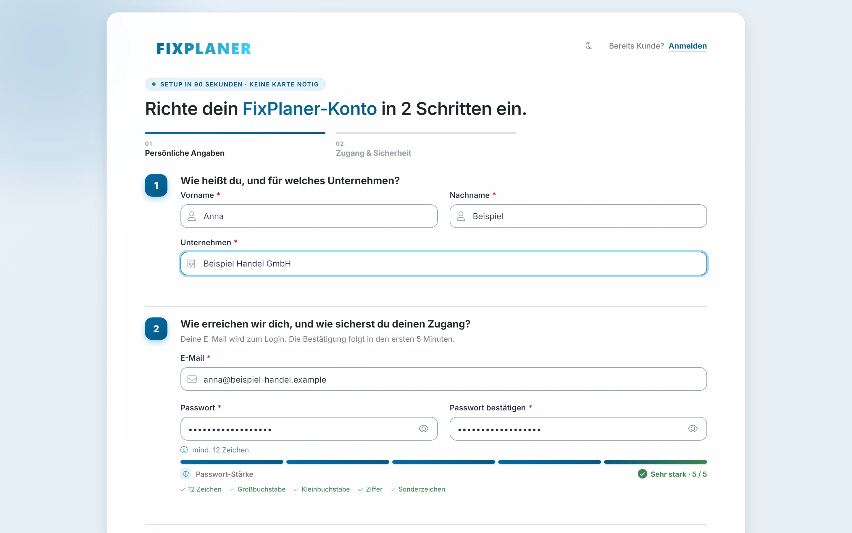 Screenshot Registrieren: Schritt 2: Formular ausfüllen. Markiert: (1) Unternehmen: Im Feld trägst du den Namen deiner Firma ein., (2) Passwort: Hier legst du das Passwort deines Leitungskontos fest und wiederholst es.