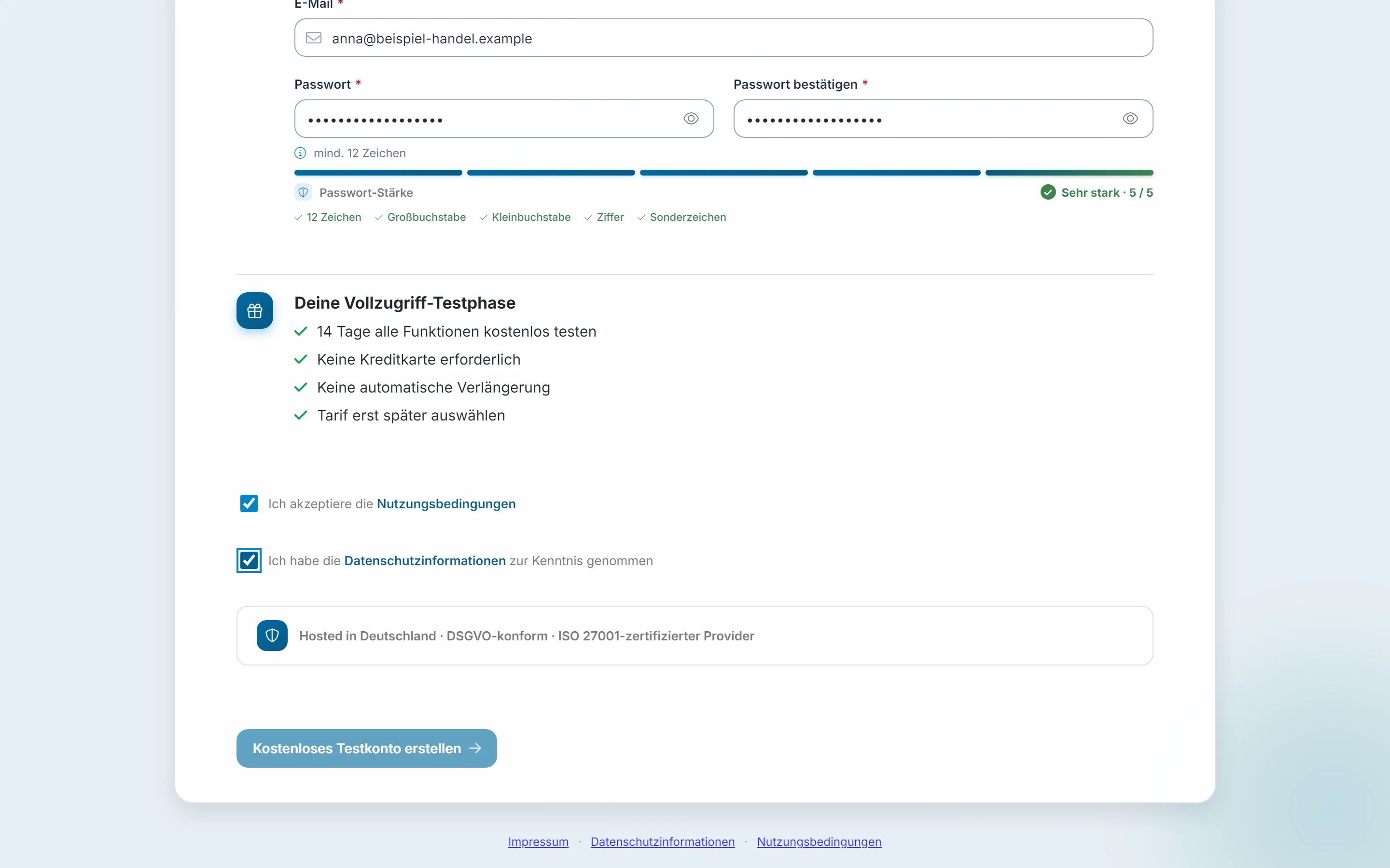 Screenshot Registrieren: Schritt 3: Testkonto erstellen. Markiert: (1) Nutzungsbedingungen: Mit dem Kästchen akzeptierst du die Nutzungsbedingungen, die auf fixplaner.com verlinkt sind., (2) Datenschutz: Mit dem Kästchen bestätigst du, die Datenschutzhinweise zur Kenntnis genommen zu haben., (3) Kostenloses Testkonto erstellen: Der Knopf legt Firma und Leitungskonto an.