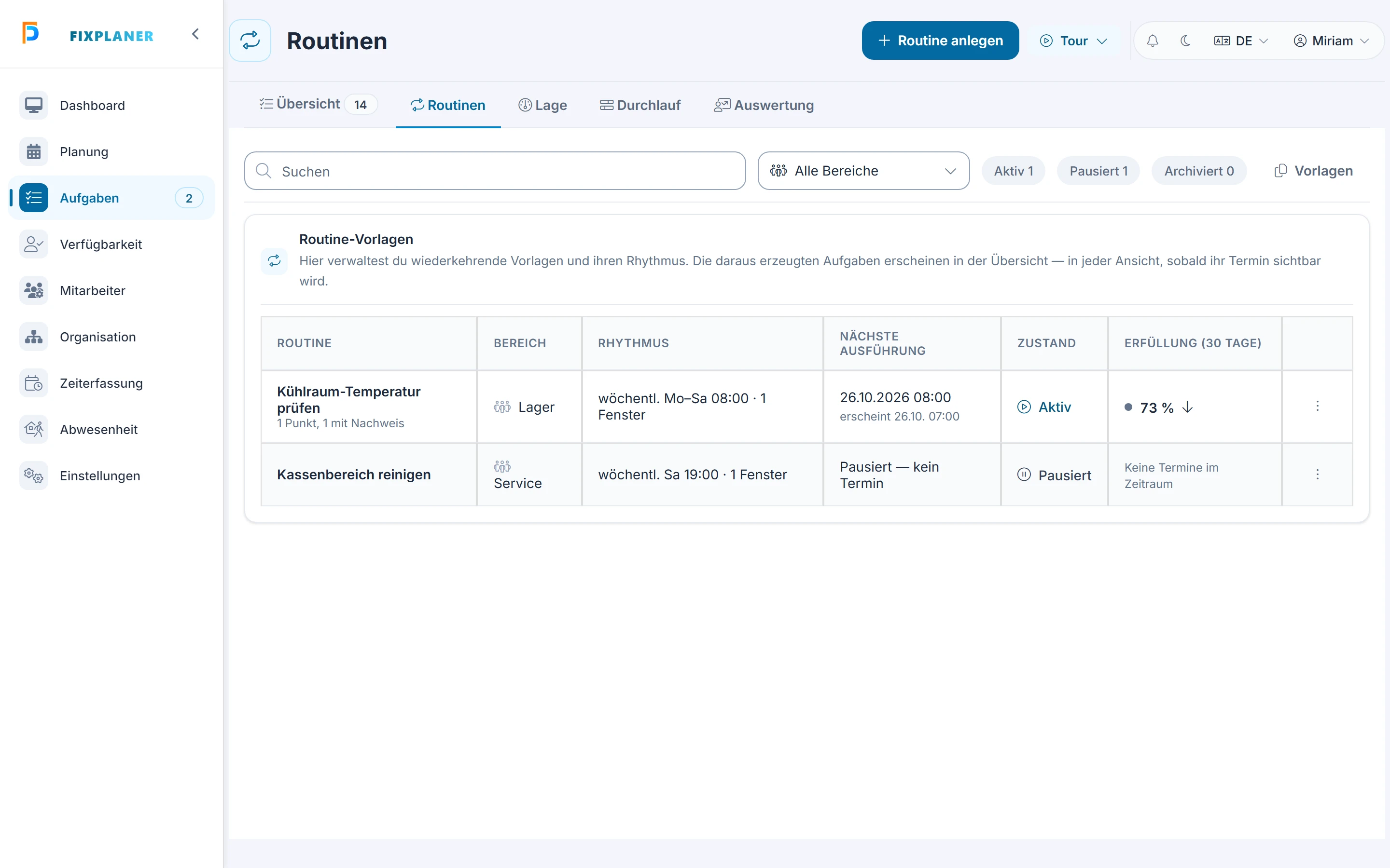 Screenshot Routinen: Schritt 1: Routinen ansehen. Markiert: (1) Reiter der Aufgaben: Der Reiter „Routinen“ steht neben Übersicht, Lage, Durchlauf und Auswertung., (A) Routinen mit Status: Die Liste zeigt jede Routine mit ihrem Status., (B) Erfüllung (30 Tage): Die Spalte zeigt die Erfüllung der Routine über 30 Tage.