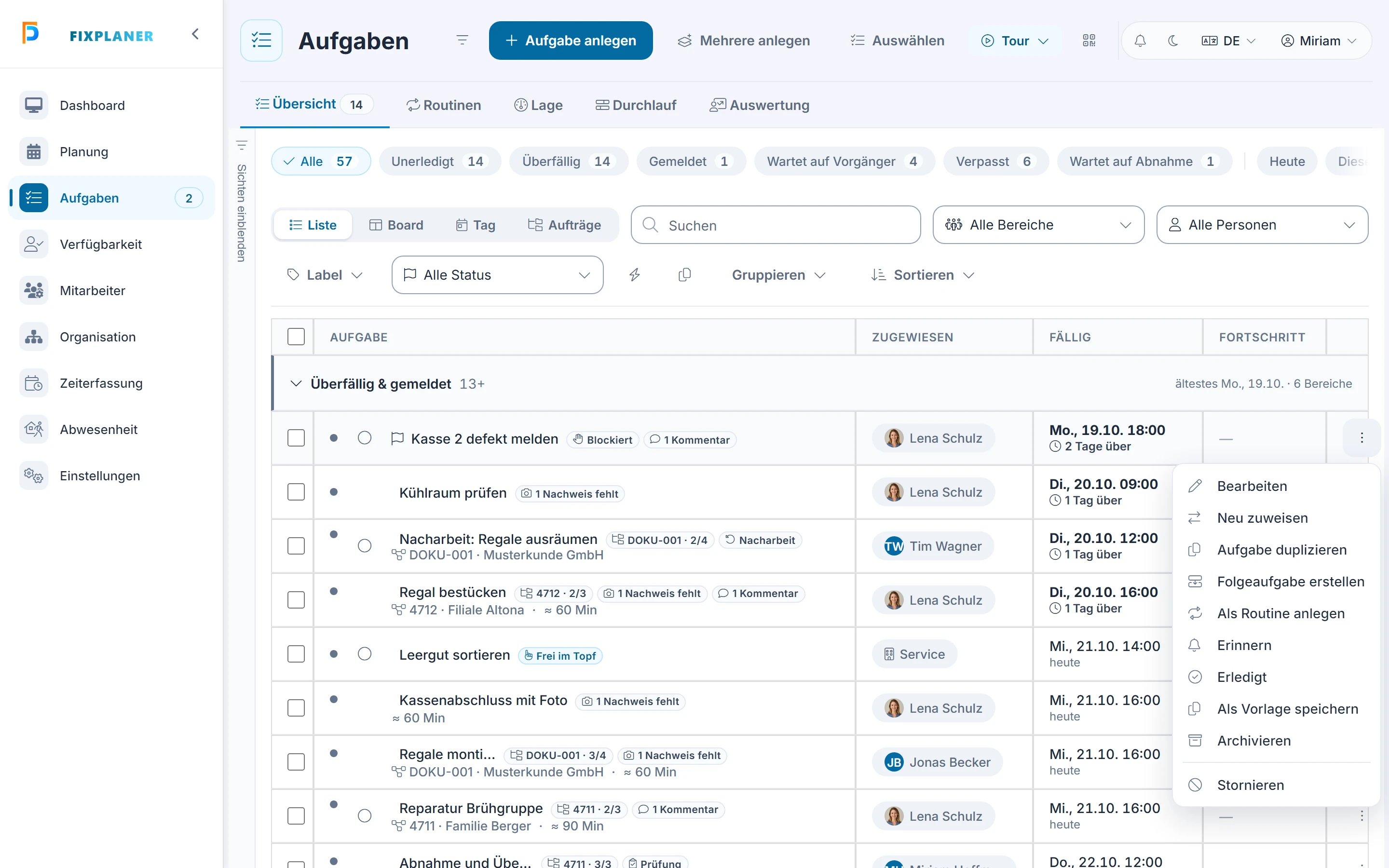 Screenshot Routinen: Schritt 3: Aus einer Aufgabe ableiten. Markiert: (1) Als Routine anlegen: Der Eintrag im Zeilenmenü legt aus der Aufgabe eine Routine an.